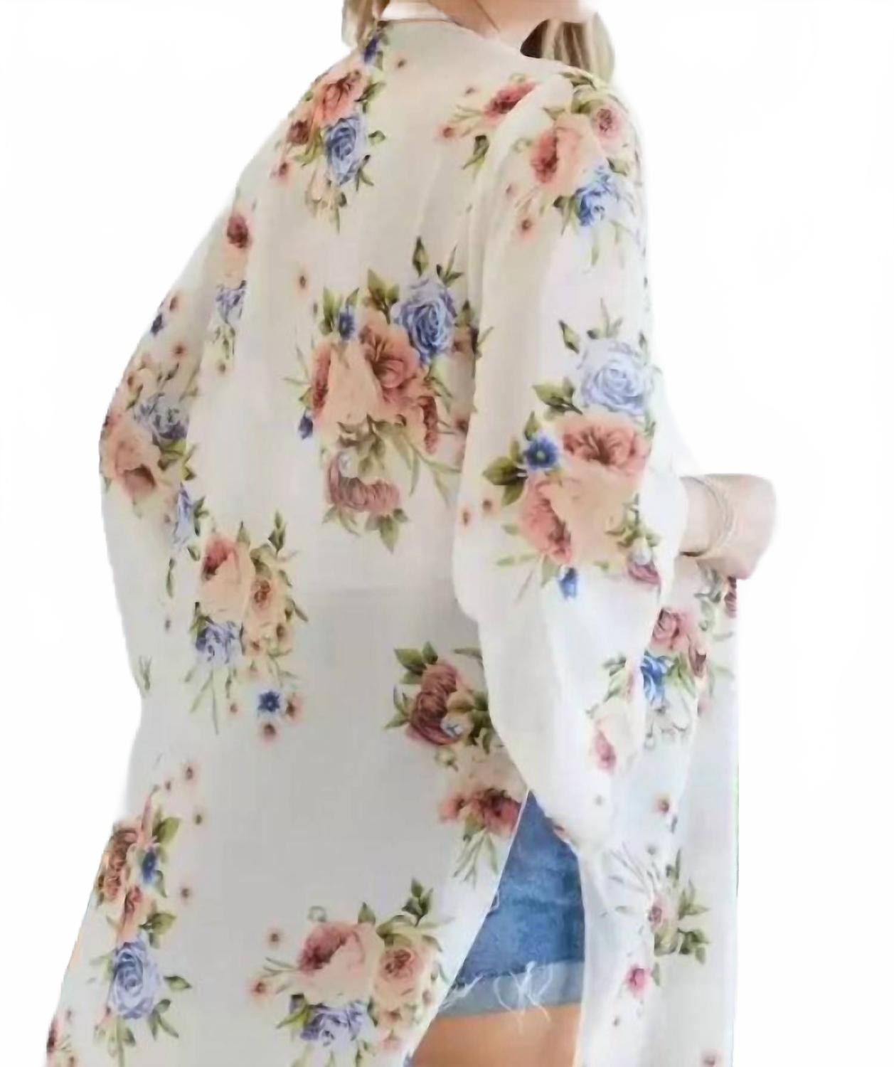 Chiffon Floral Print Three Fourth Sleeve Kimono In Ivory And Blue