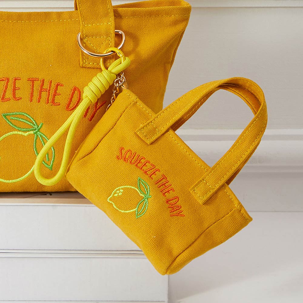 Squeeze Day Lemon Embroidered Mini Canvas Tote Bag Keychain Bag Charm