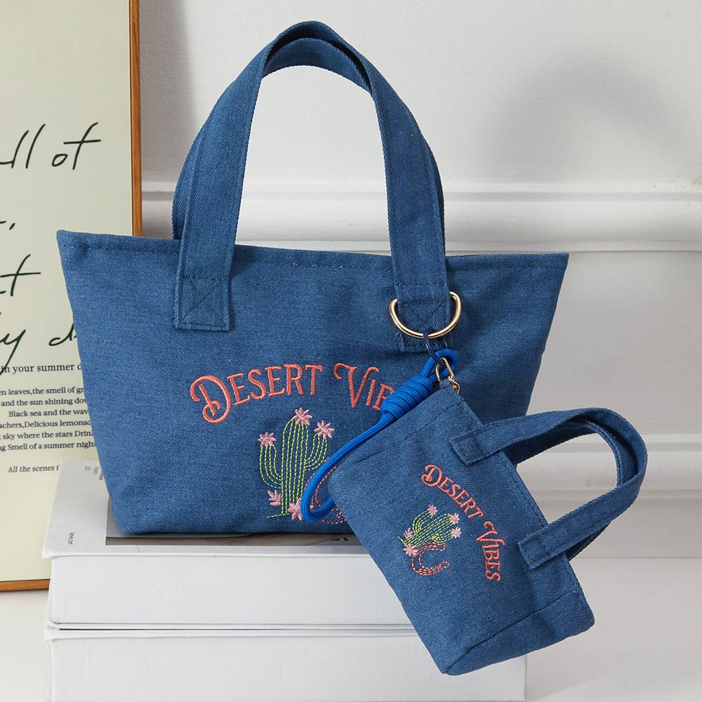 Desert Vibes Cactus Embroidered Mini Canvas Tote Bag Keychain Bag Charm