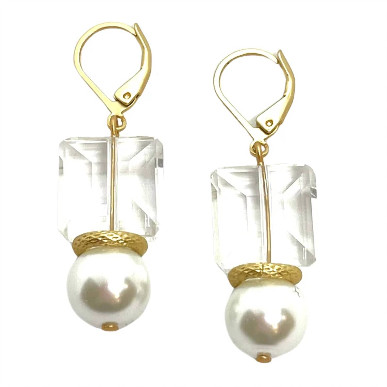 Square Crystal And Pearl Earring In White/matte Gold