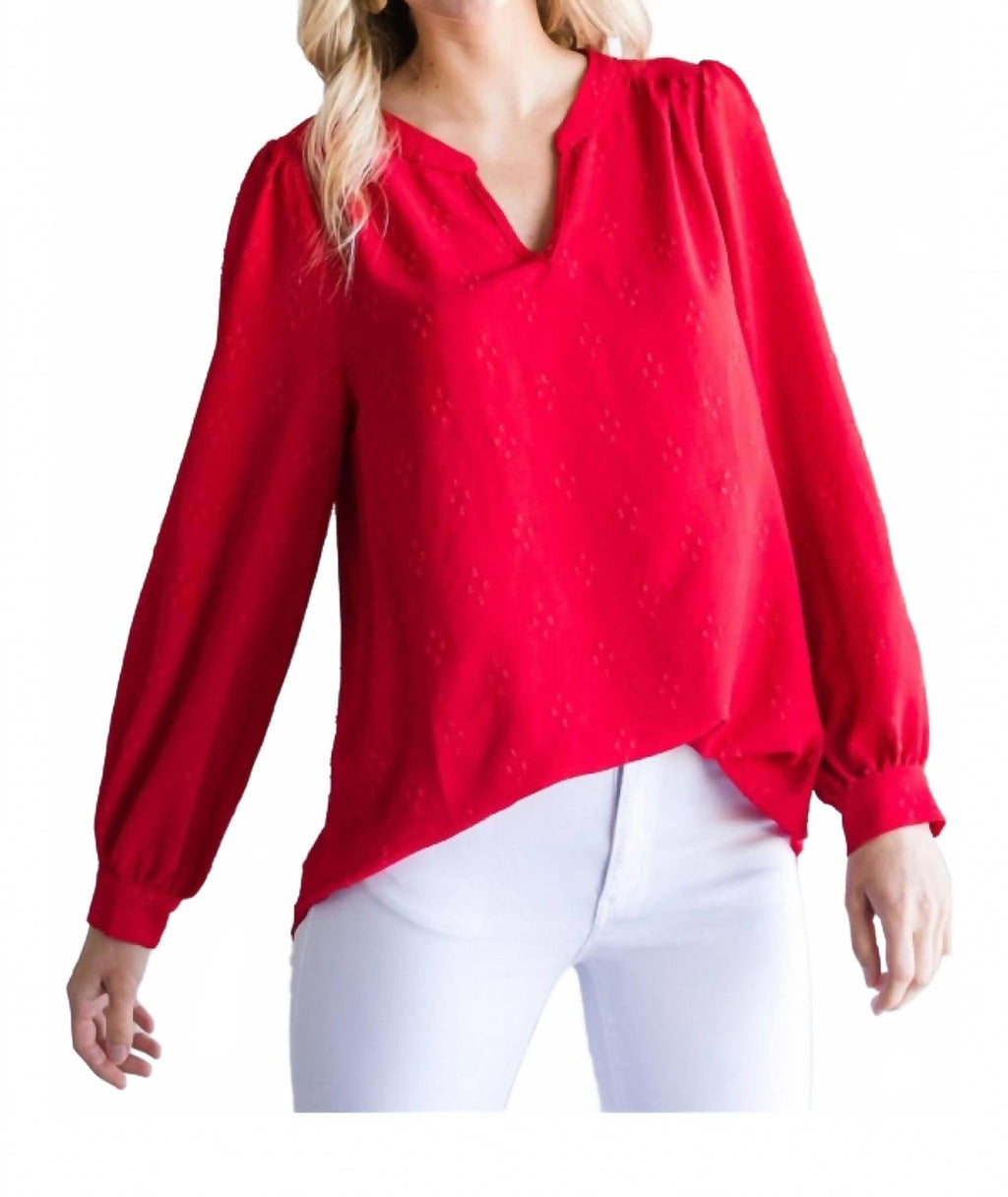 Textured Top With A Collarless Neckline & Long Bubble Sleeves In Tomato Red