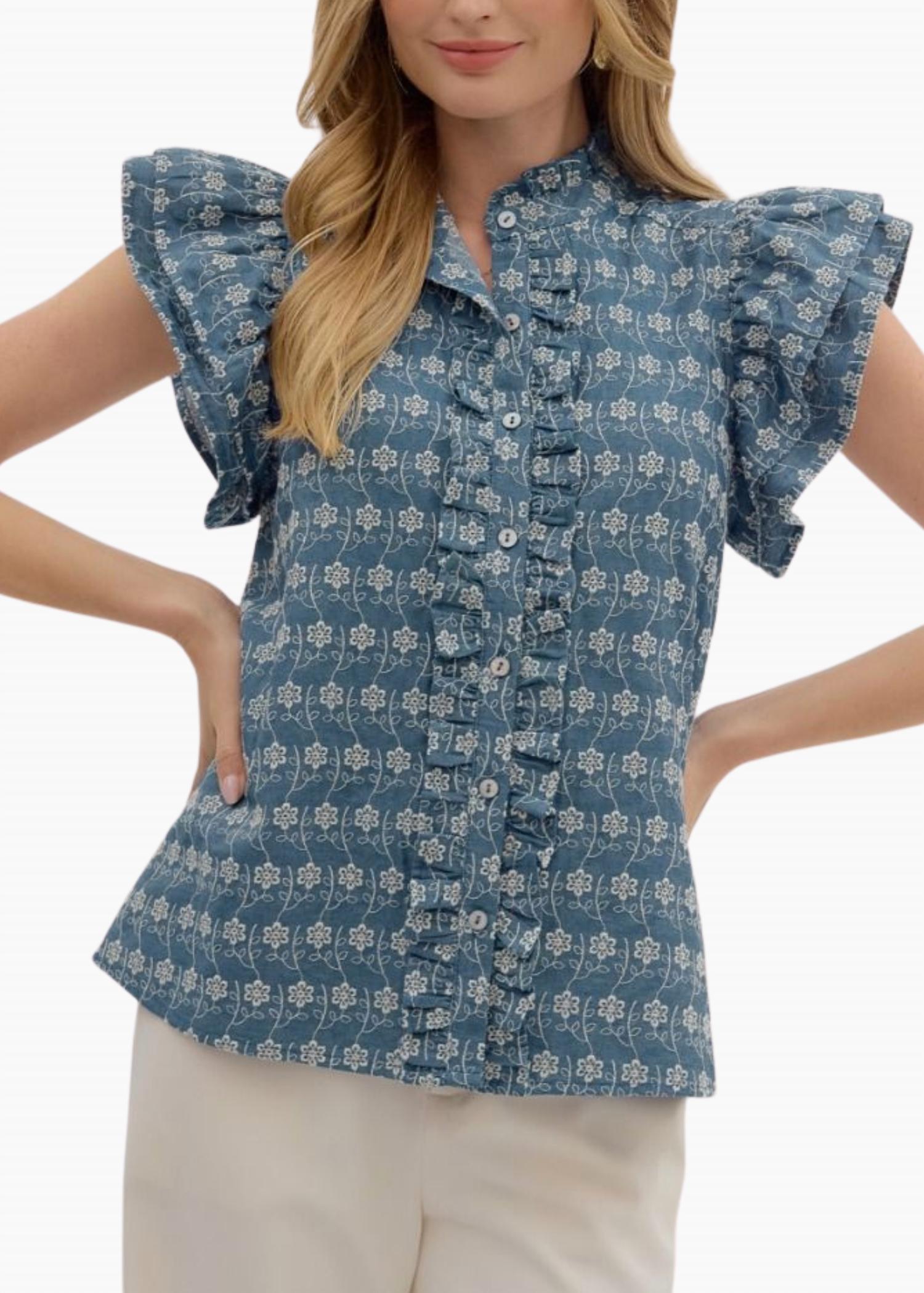 Georgia Flutter Sleeve Top In Embroidered Chambray