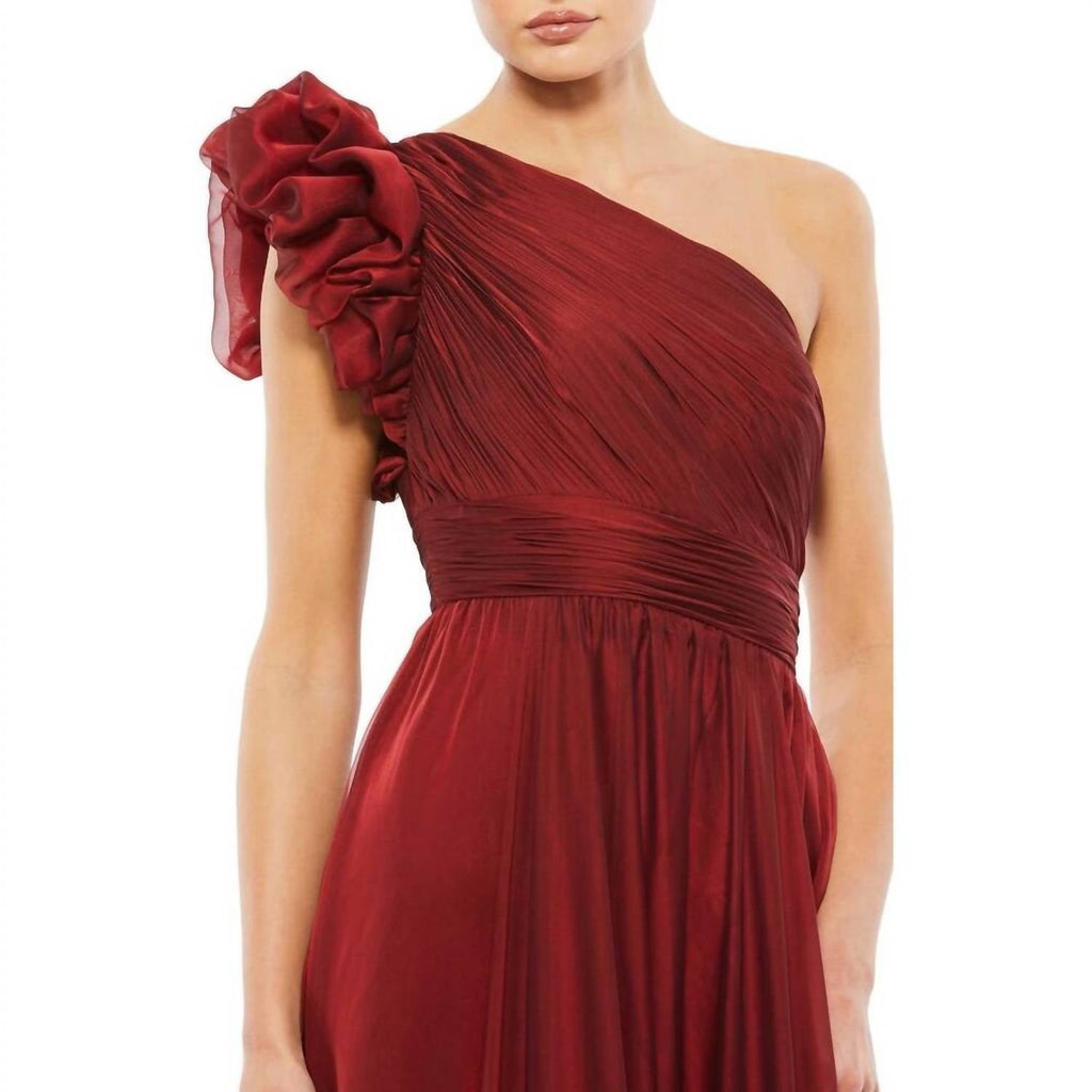 One Shoulder Tiered Organza Gown In Wine