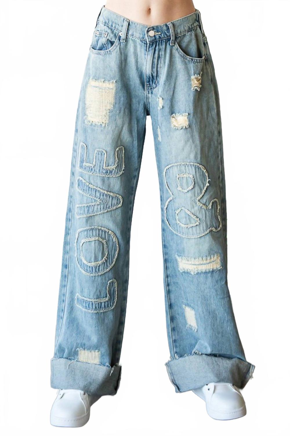 Women's Washed Love Letter Patched Jeans In Blue