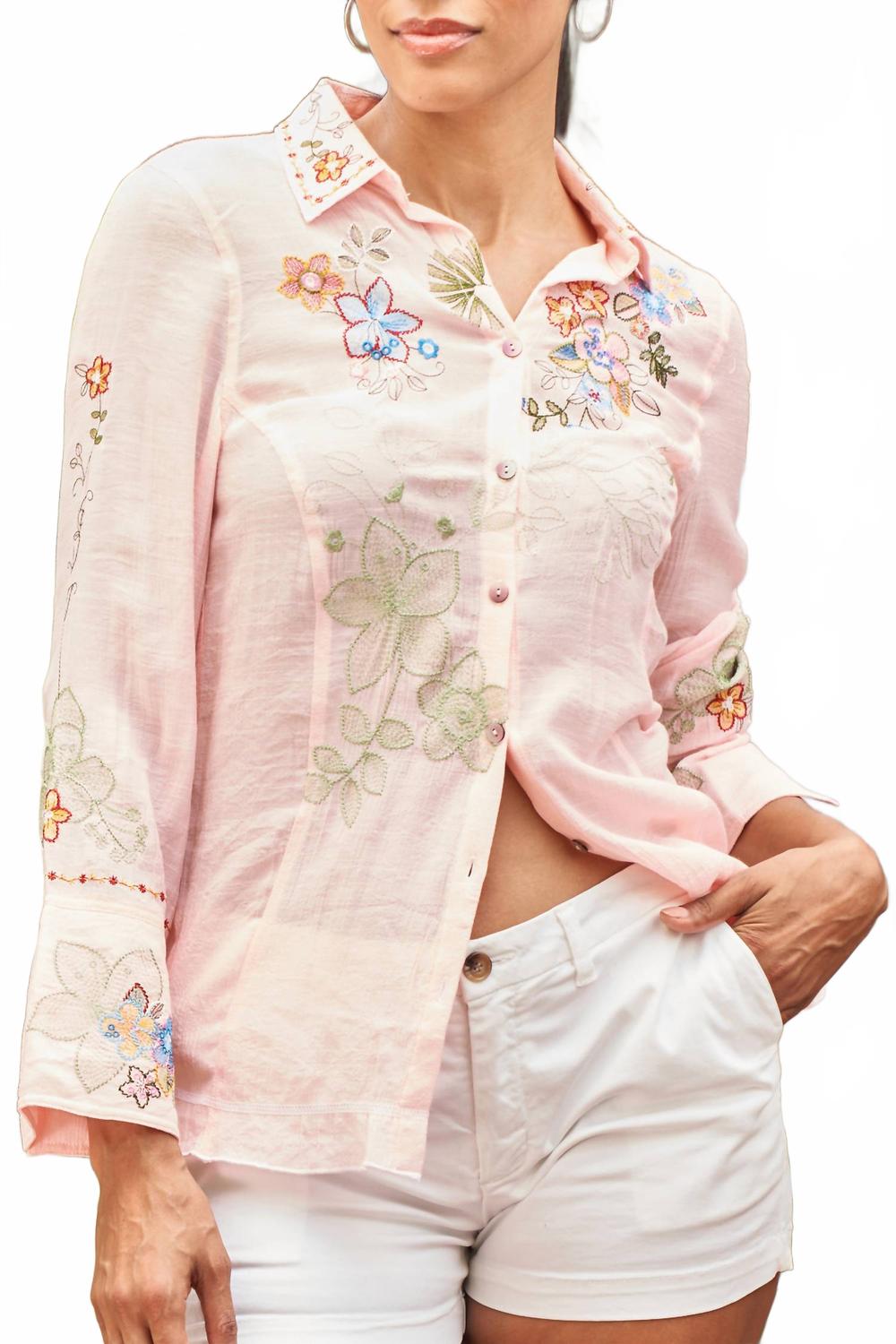 Embroidered Blouse With Wide Split Cuff In Pink