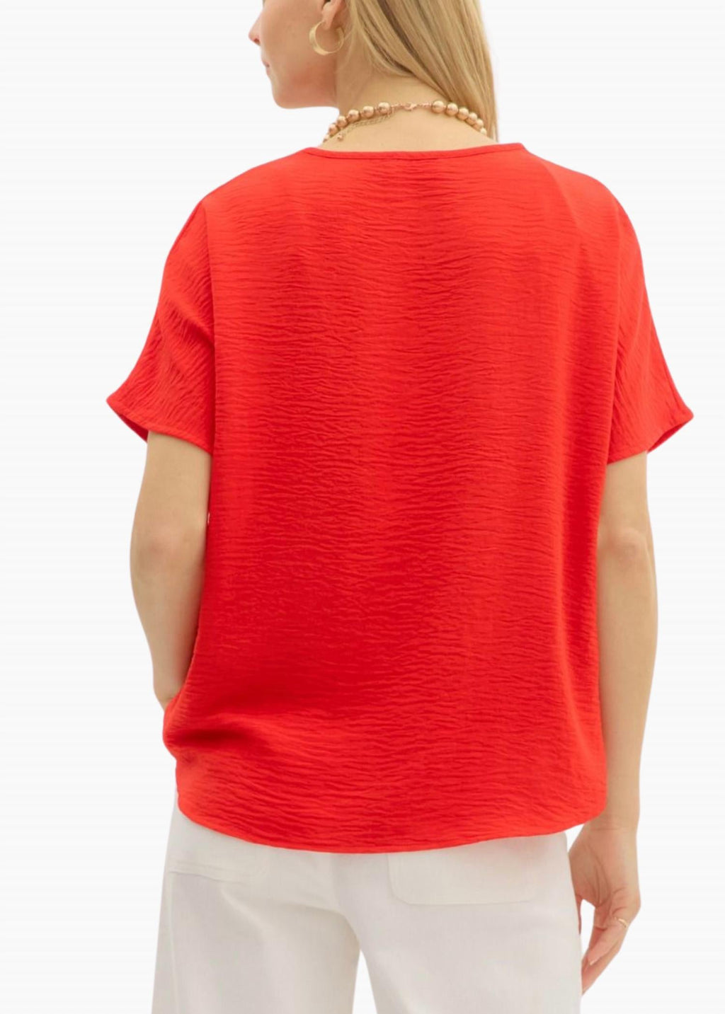 Dana V-Neck Short Sleeve Pullover Top In Red