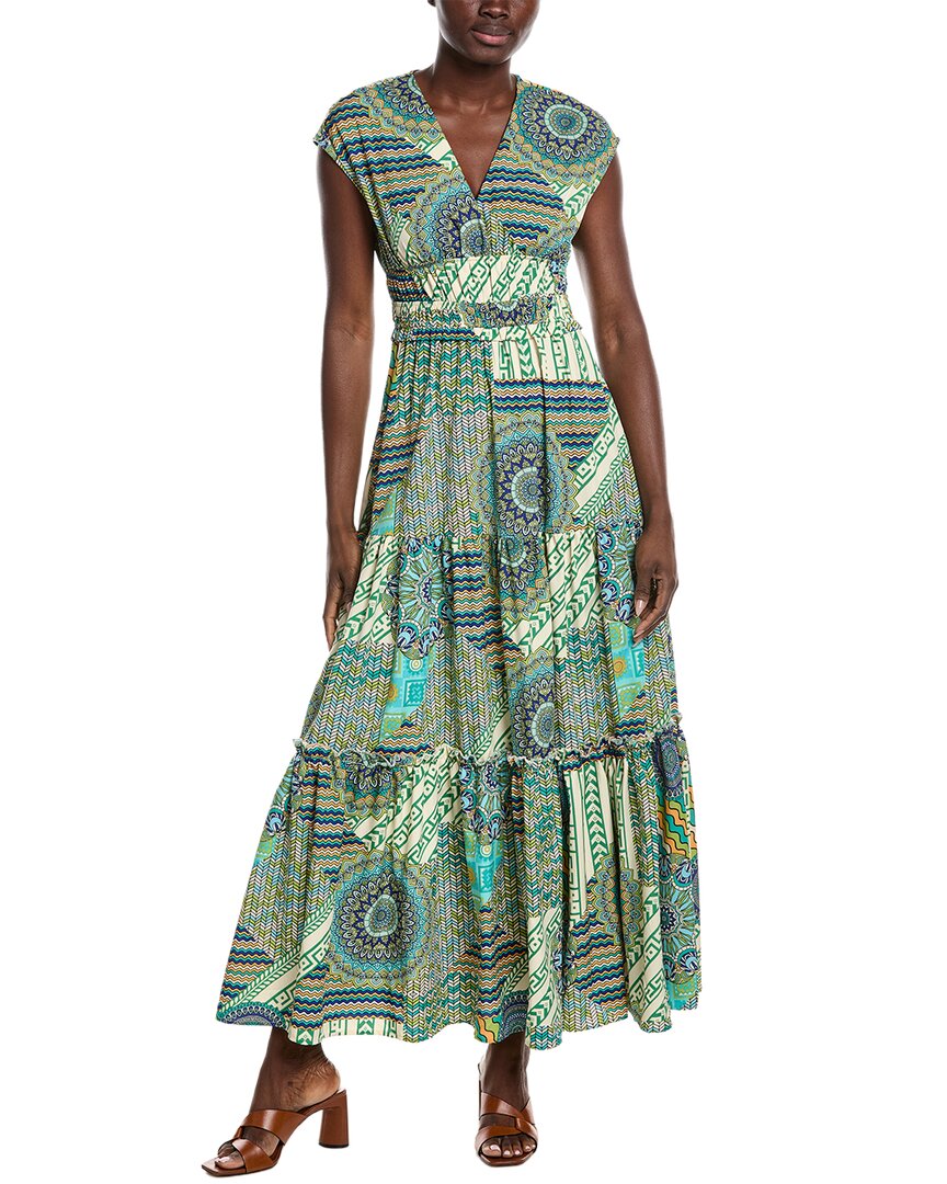 Gracia Printed V Neck Cap Sleeve Tiered Maxi Dress
