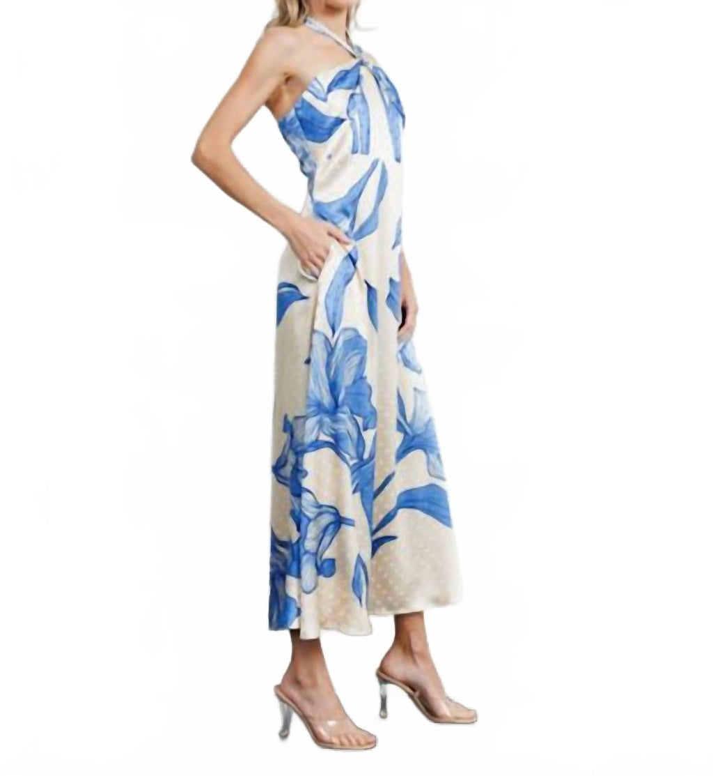 Runie Floral Print Halterneck Maxi Dress In Blue