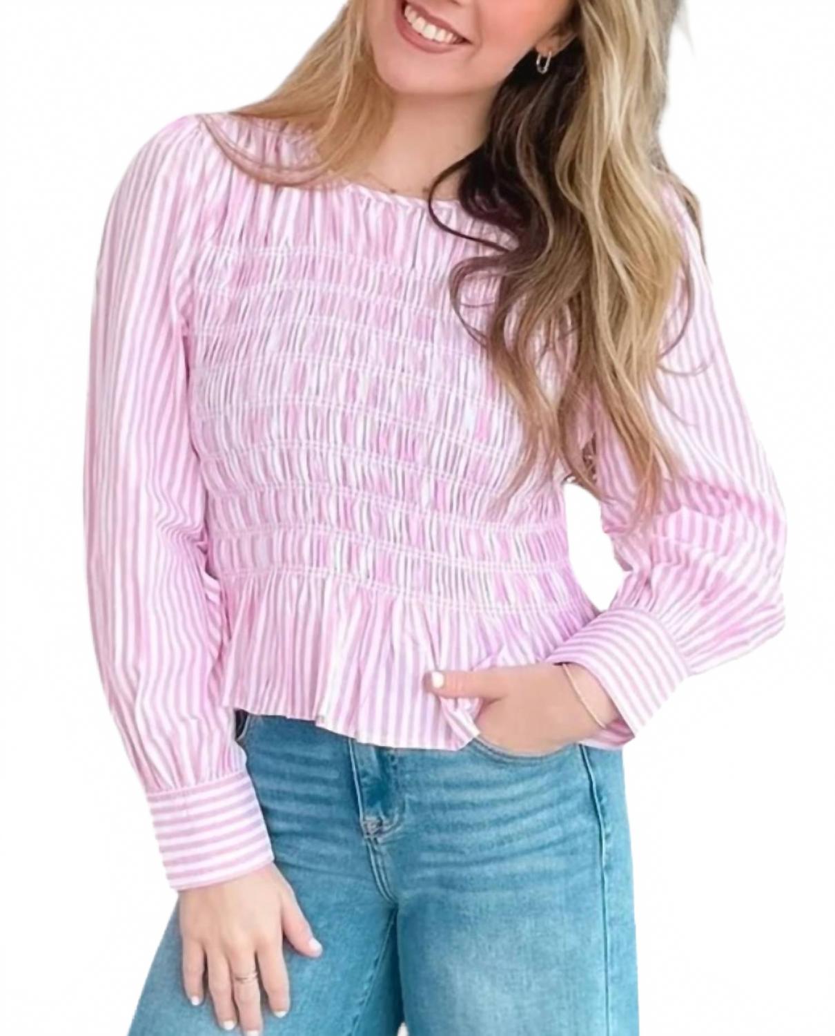 Striped Smocked Blouse In Pink Treasure