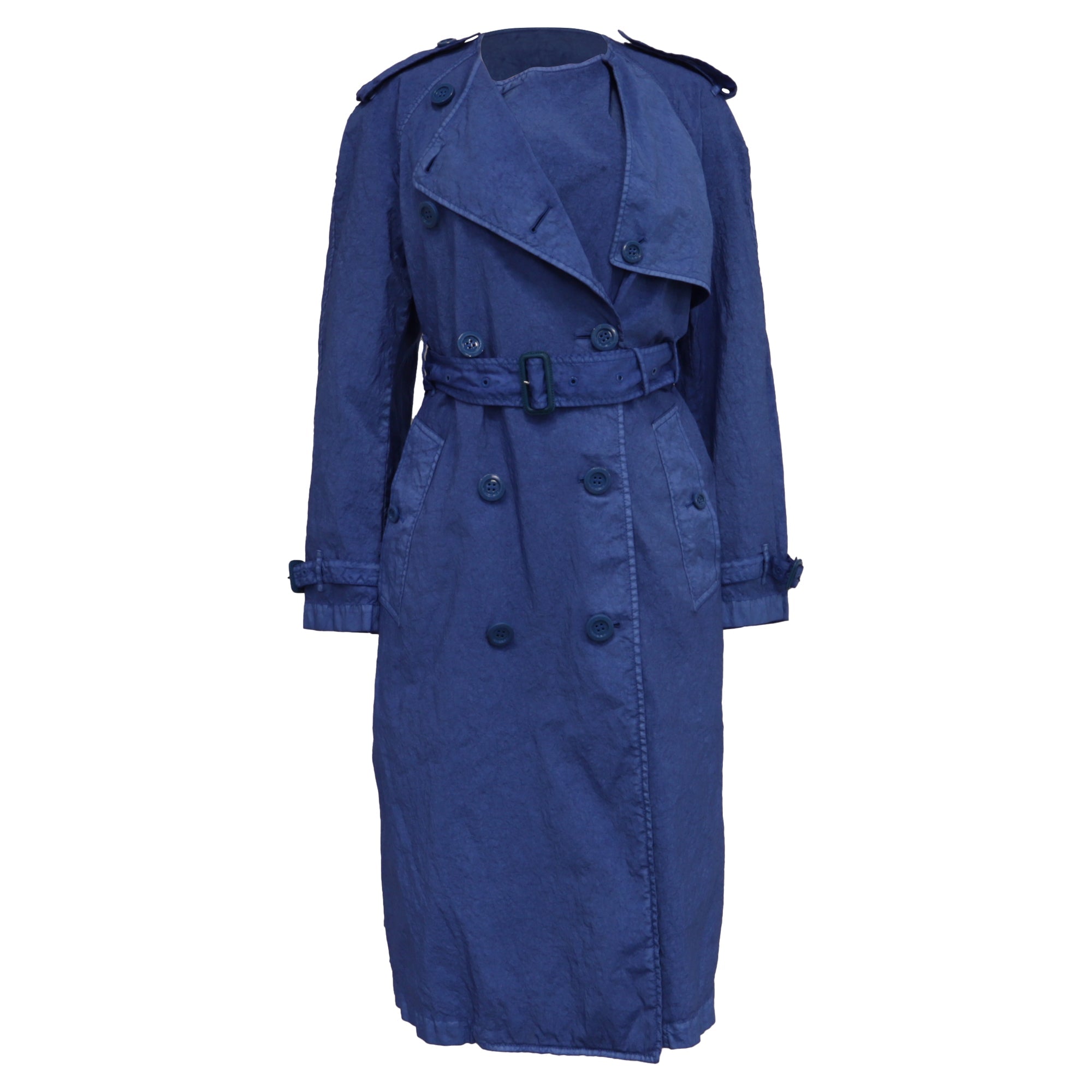 Burberry Collarless Double Breasted Trench Coat in Blue Polyamide