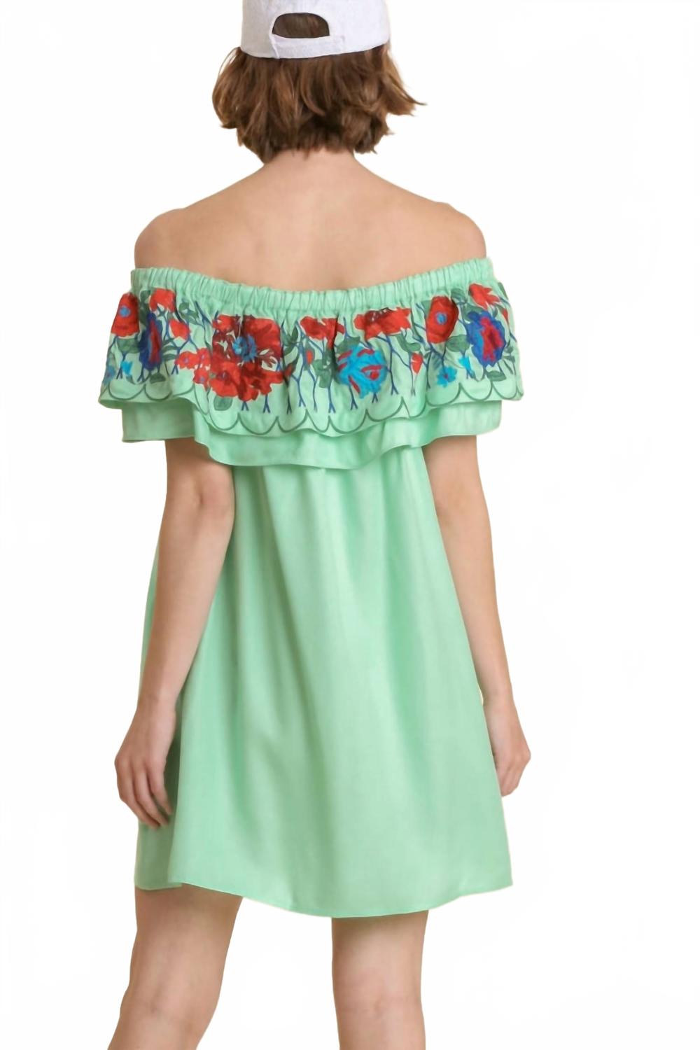 Floral Embroidered Ruffled Dress In Mint