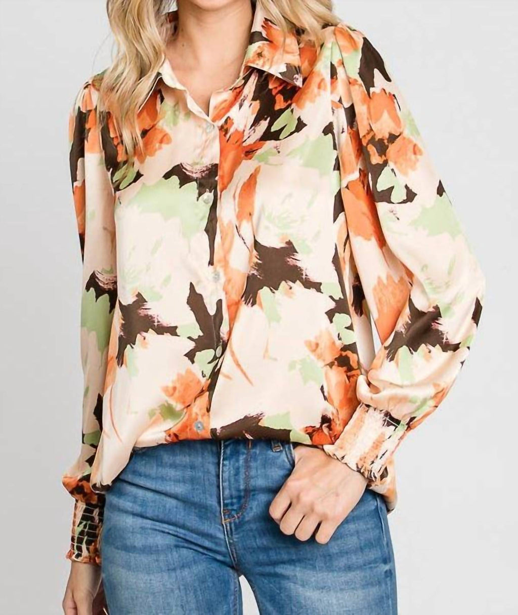 Floral Satin With Smocked Cuffs Shirt In Beige