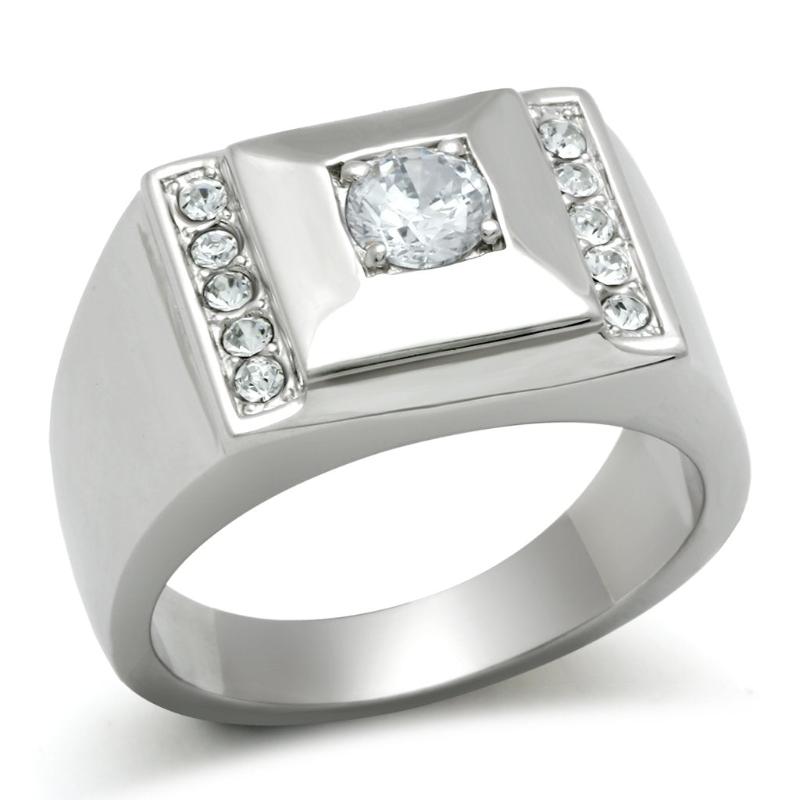 High polished (no plating) Stainless Steel Ring with AAA Grade CZ in Clear