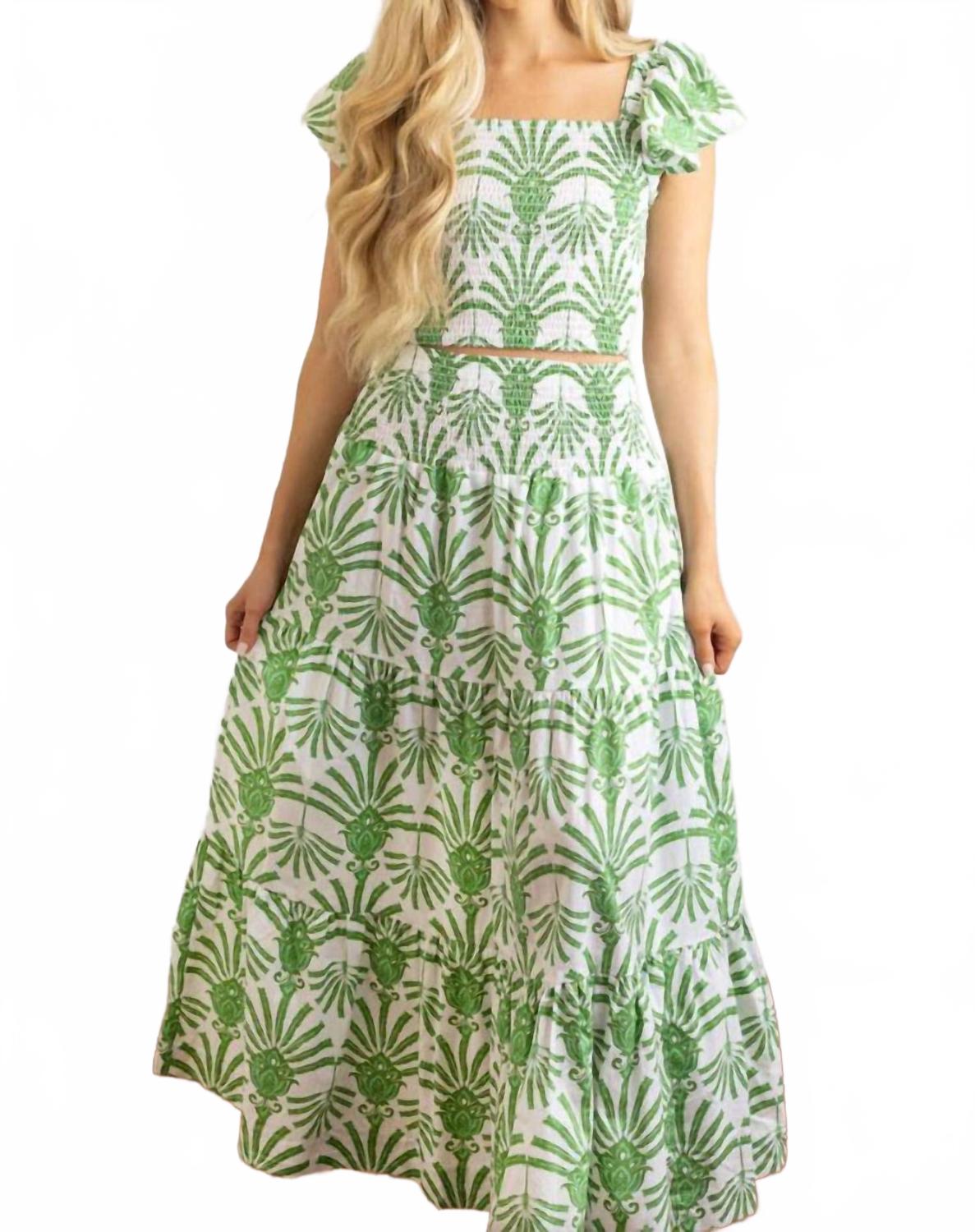 Smocked Flutter Sleeve Top And Skirt Set In Green Deco Palm