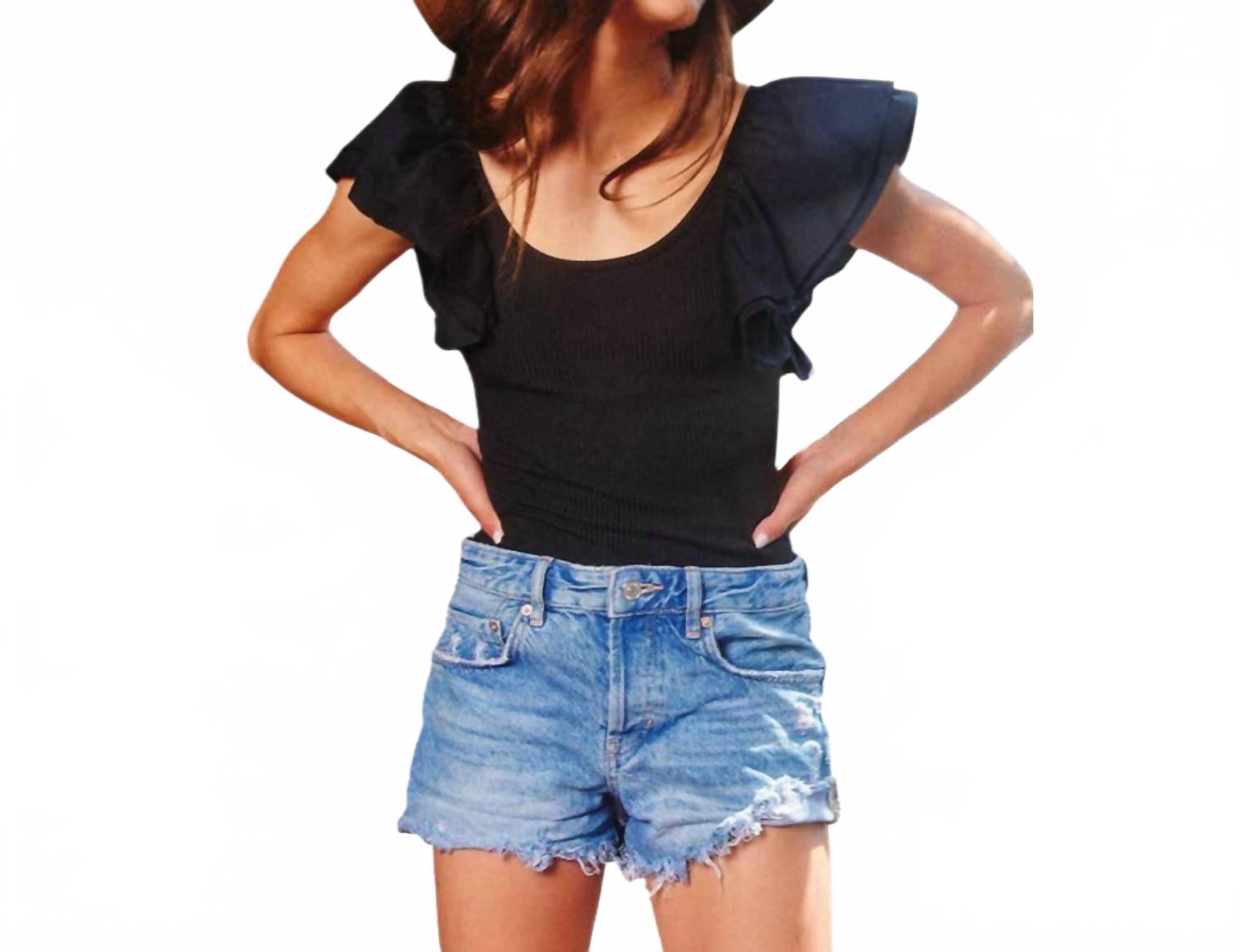 Ruffle Shoulder Ribbed Bodysuit In Black