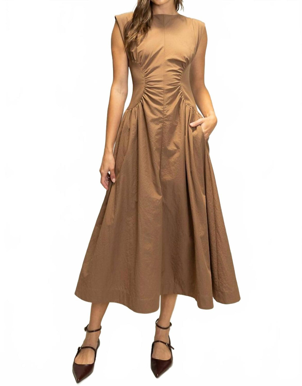 Sylvia Ruched Waist Midi Dress In Espresso