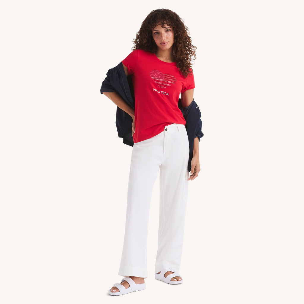 Nautica Womens Rhinestone Flag Heart Graphic T-Shirt