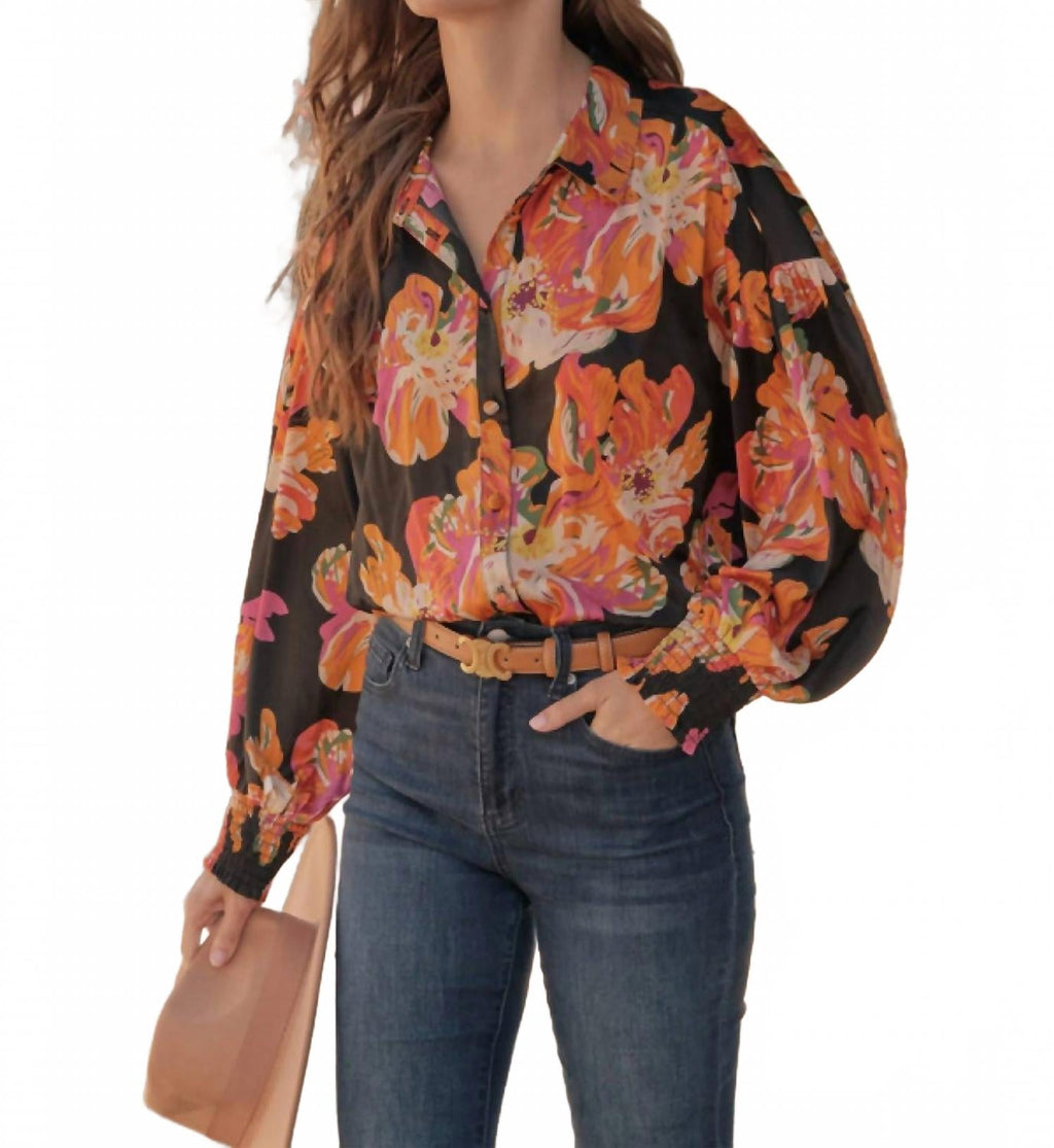 Satin Vibrant Flower Print Button Front Shirt In Black