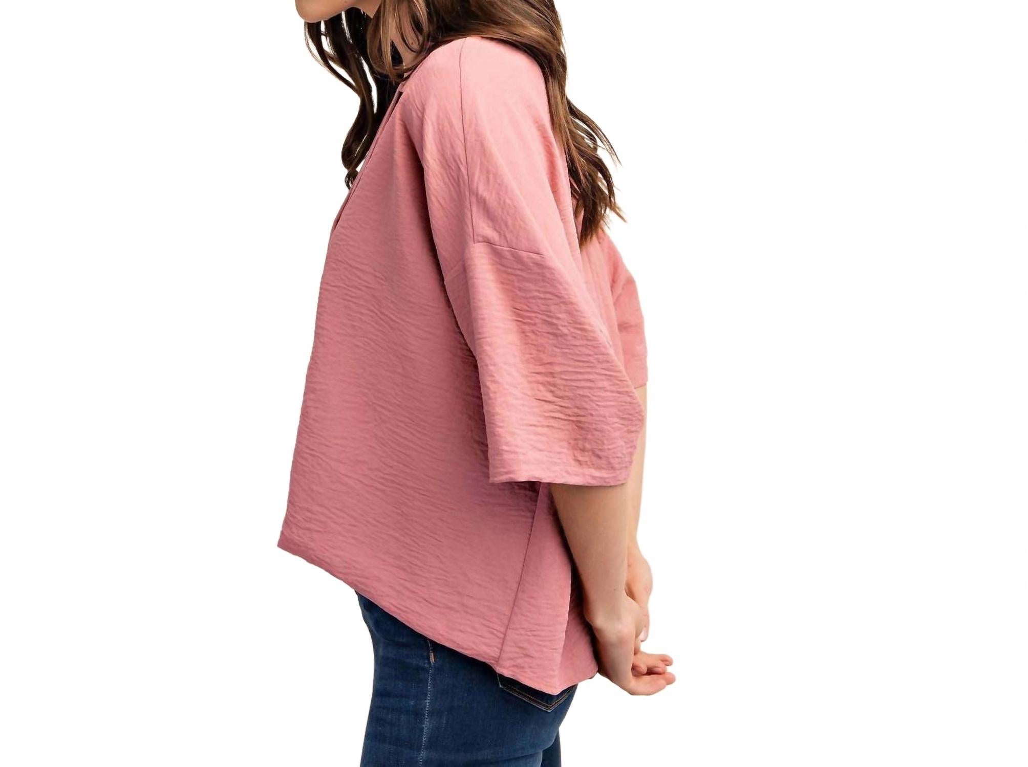 V-Neck Collared Pop Over Top In Dusty Pink