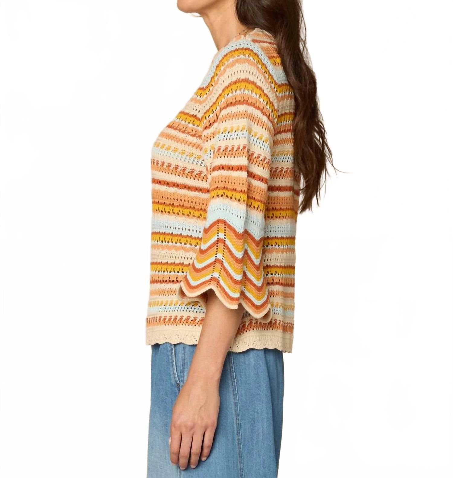 Bell Sleeve Crochet Striped Sweater In Multicolor