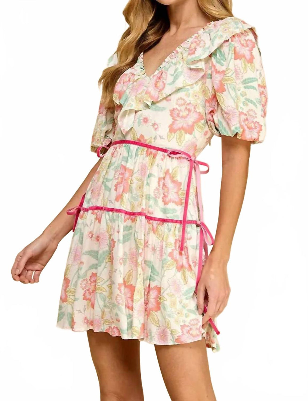 V-Neck Puff Sleeve Floral Dress In Multicoor