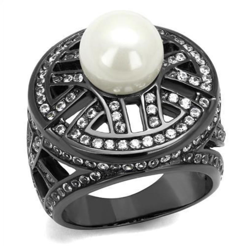 IP Light Black Stainless Steel Ring with Synthetic Pearl in White