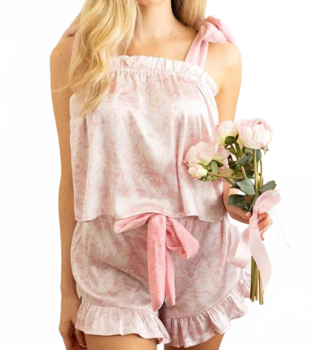 Satin Tie Top Pajama Short Set In Pink Bow Toile