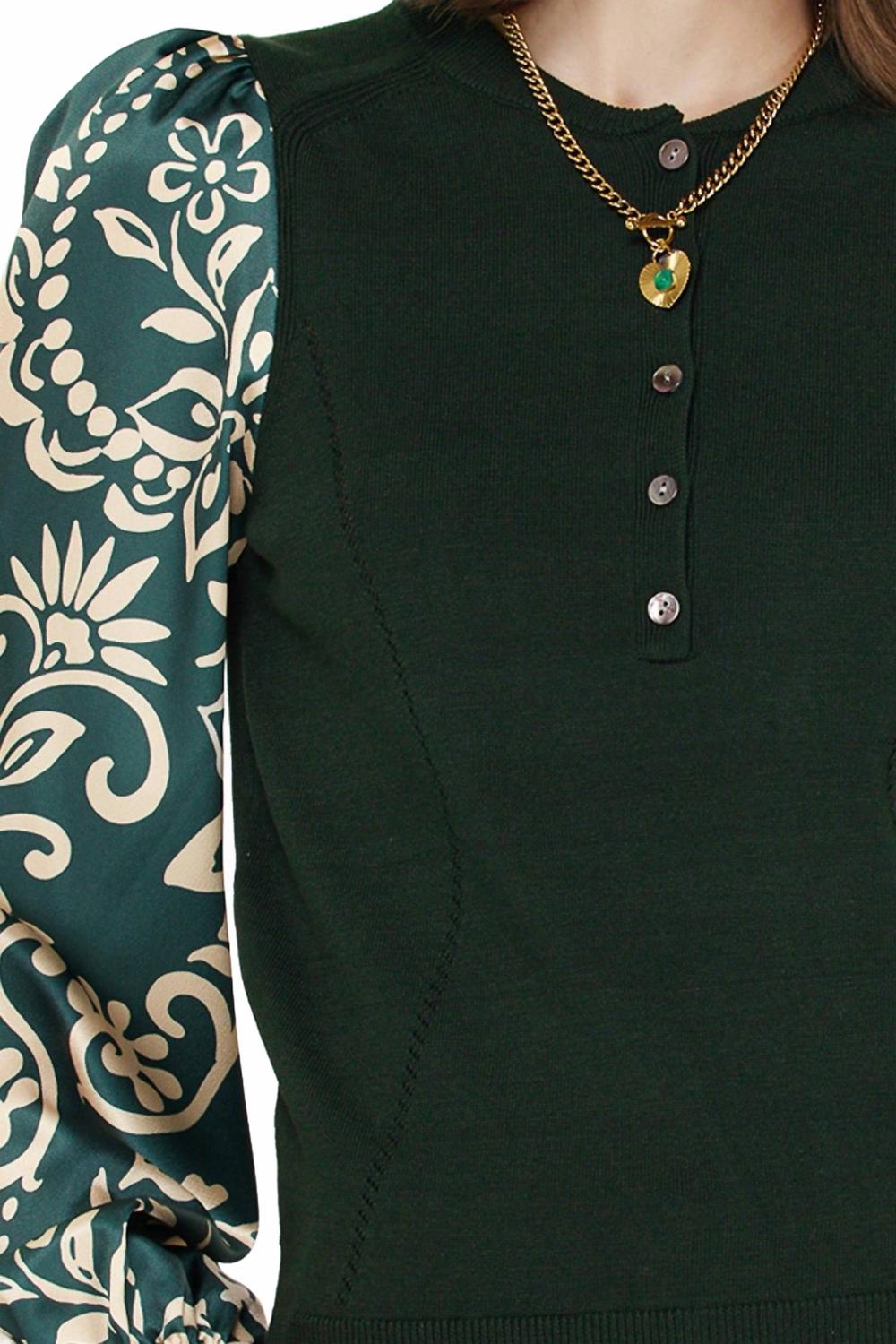 Mandarin Collar Combo Sweater Top In Green Multi