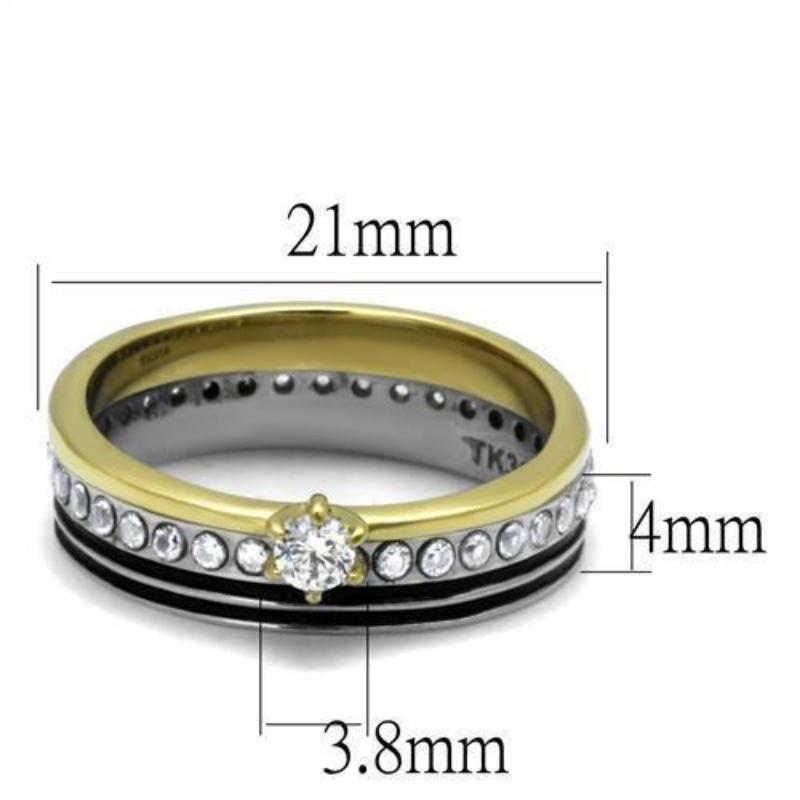 Two-Tone IP Gold (Ion Plating) Stainless Steel Ring with AAA Grade CZ in Clear