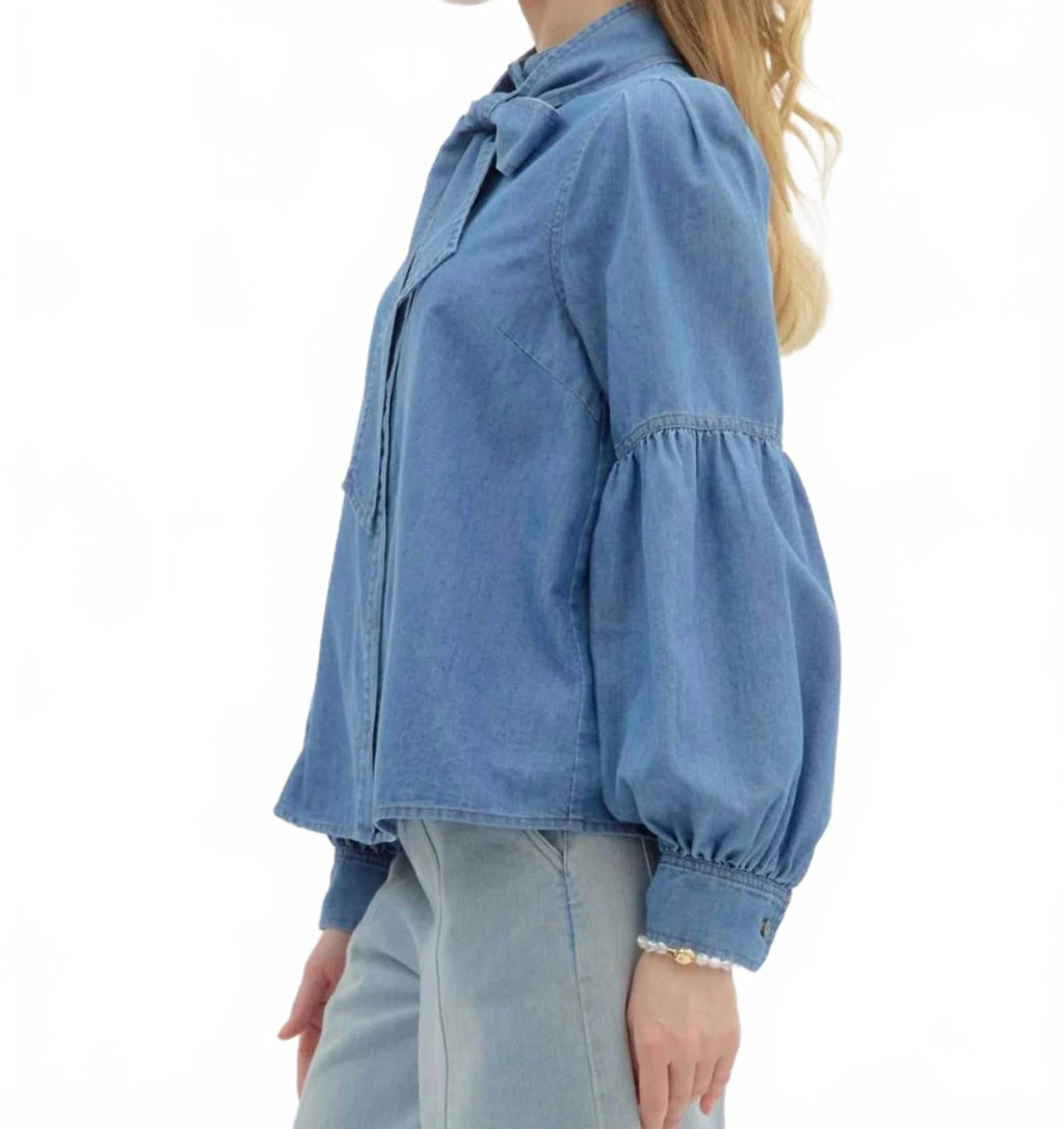 Martina Balloon Sleeve Button Down Tencel Shirt In Chambray