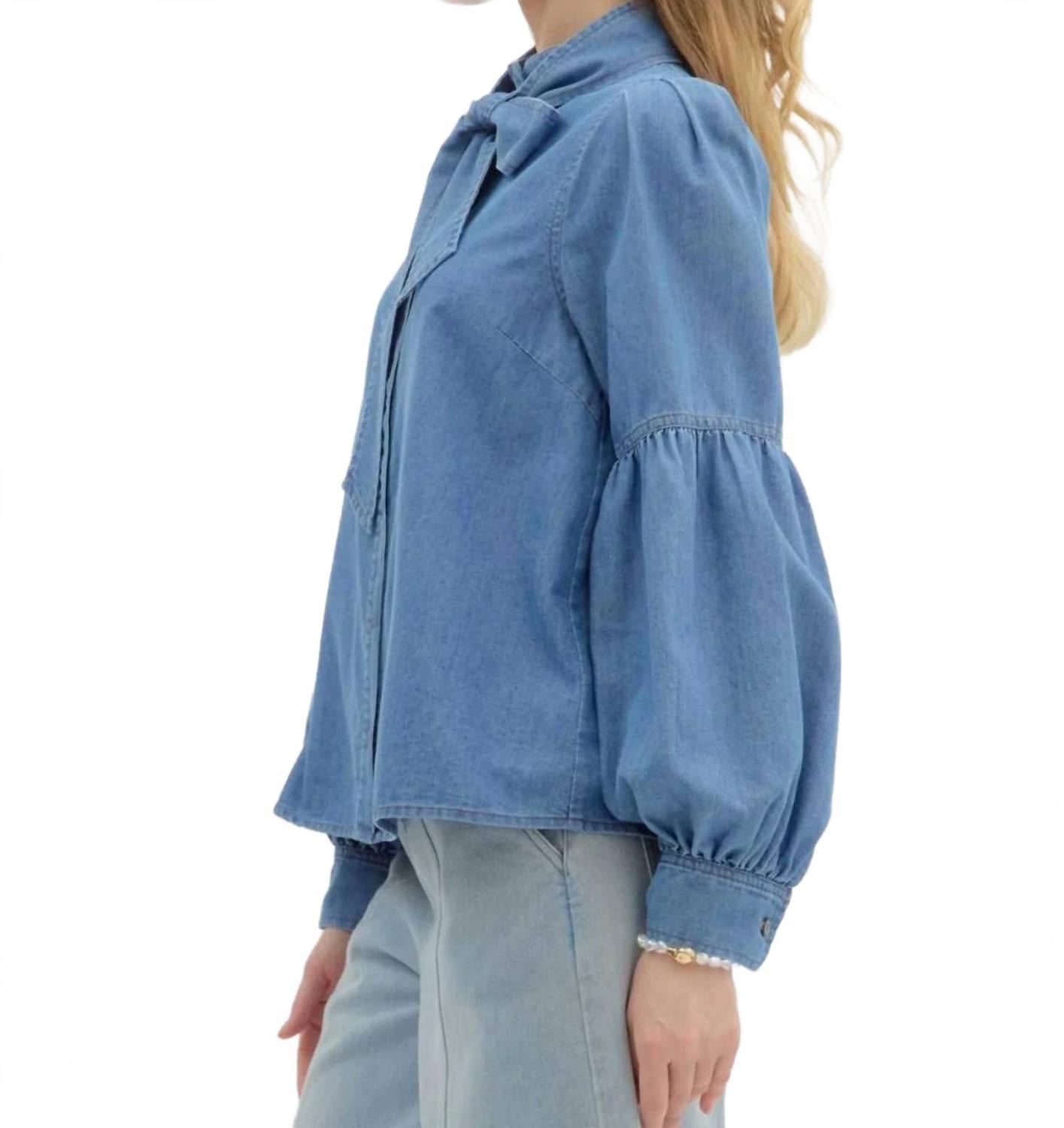 Martina Balloon Sleeve Button Down Tencel Shirt In Chambray