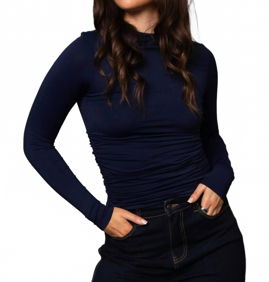 Funnel Neck Ruched Top In Navy