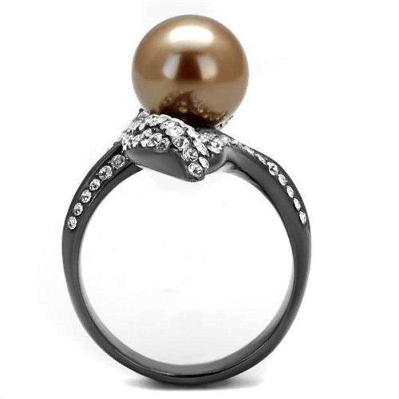 IP Light Black Stainless Steel Ring with Synthetic Pearl in Brown