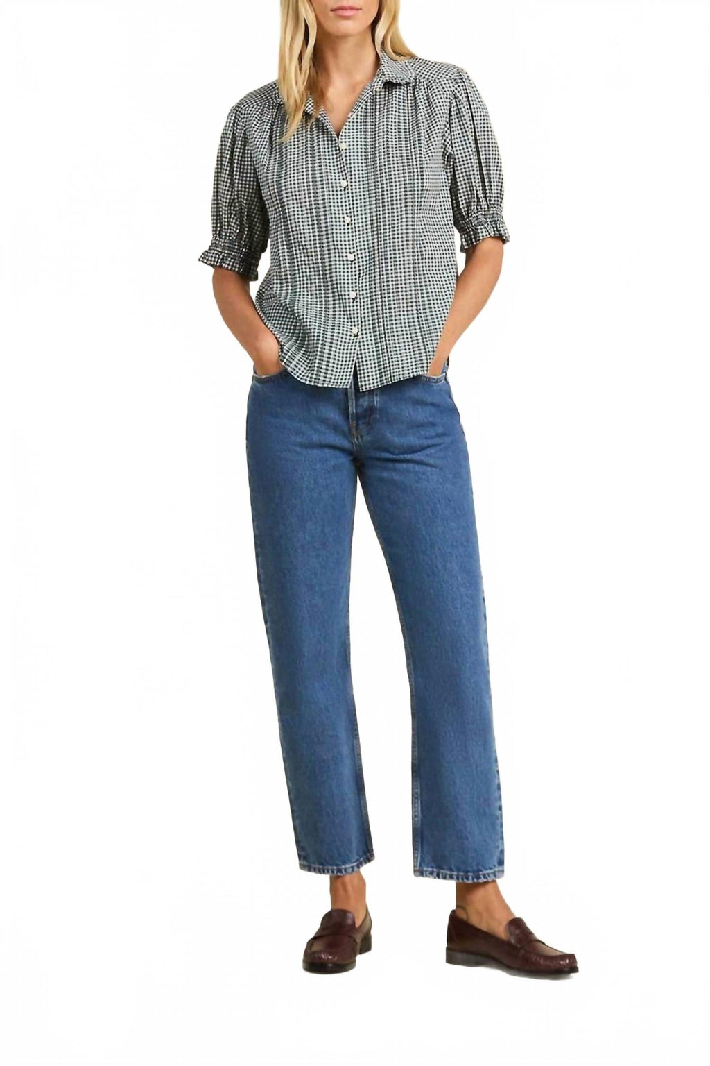 Gemma Ruffled Collar Blouse In Caspian Check