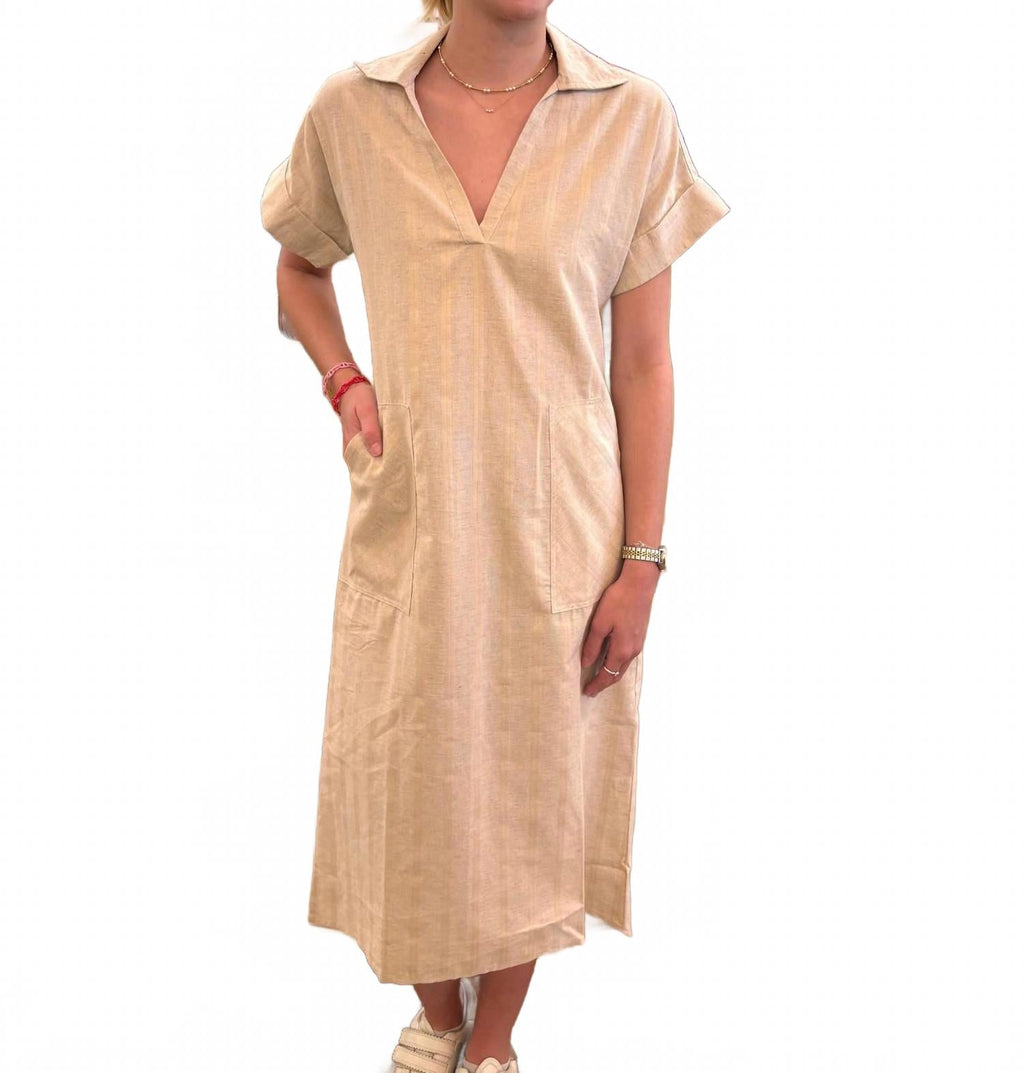 Linen Stripe Elaine Dress In Oatmeal Oat