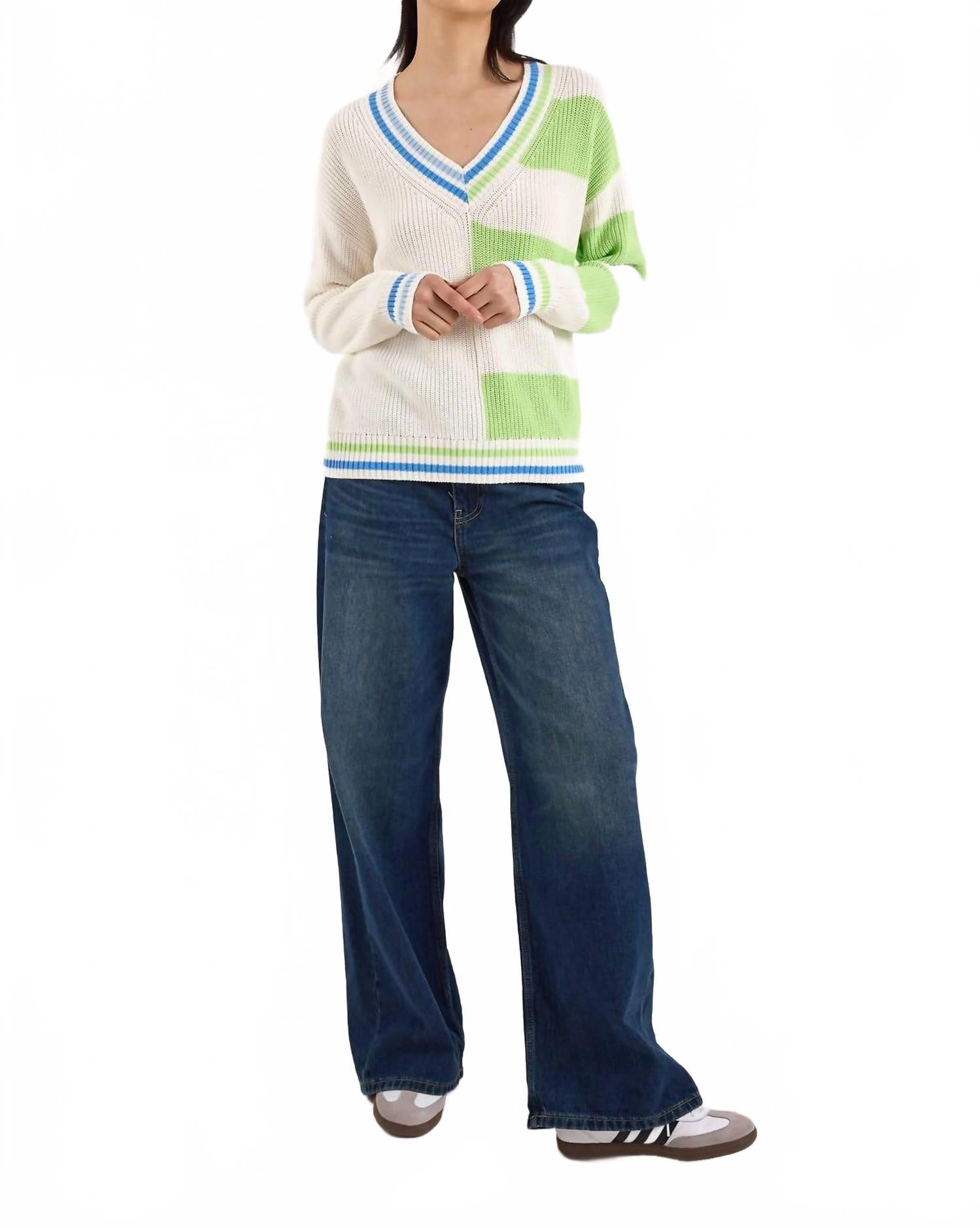 Valerie Stripe V-Neck Sweater In Ivory/green