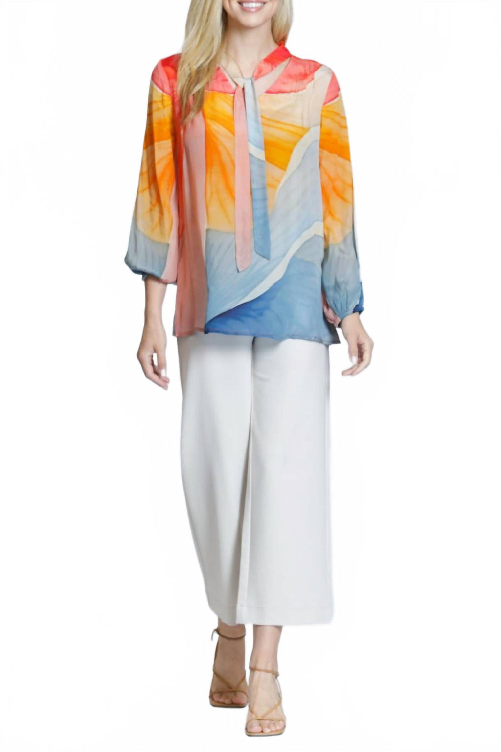 Long Sleeve Tie-Neck Blouse In Multicolor