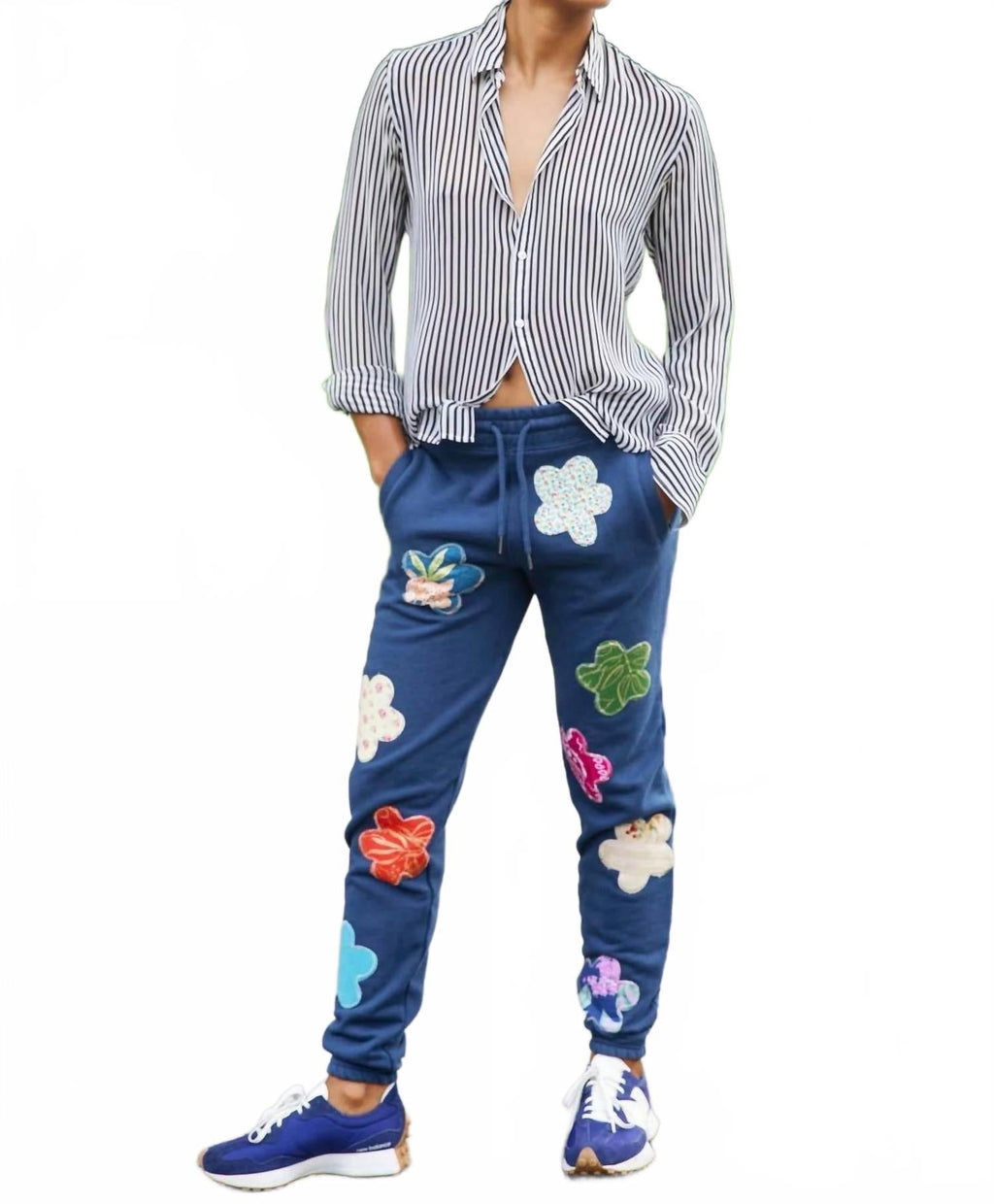 Mixed Print Floral Sweatpants In Navy