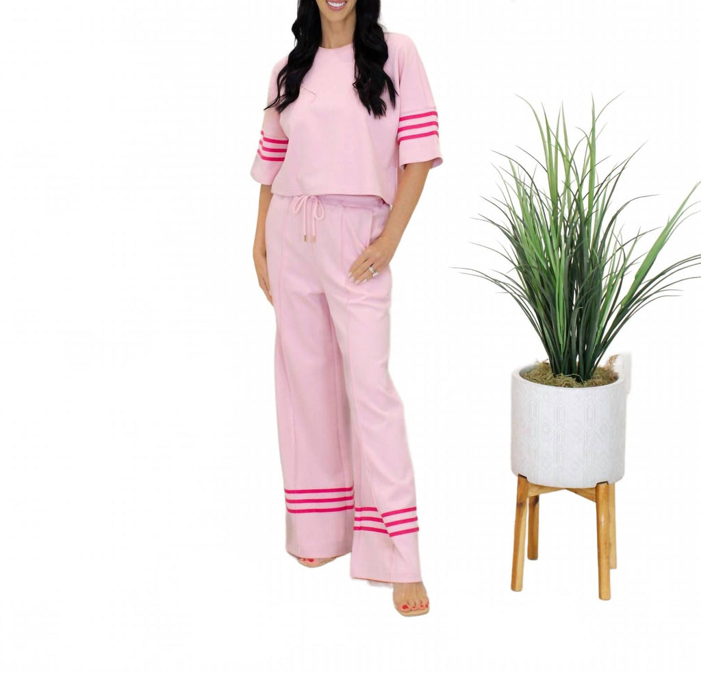 Luna Short Sleeve Knit Top And Wide Leg Pants Set In Pink
