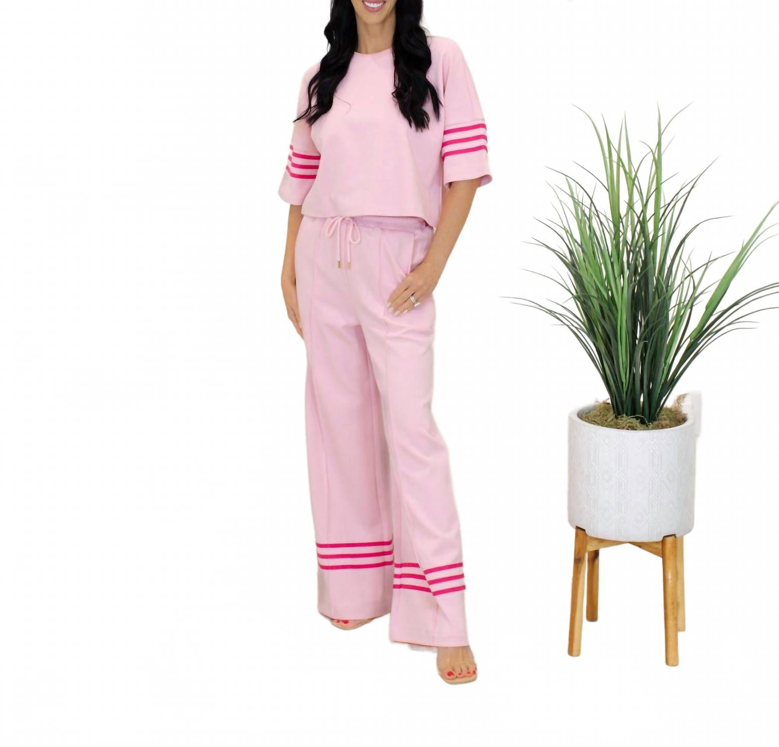 Luna Short Sleeve Knit Top And Wide Leg Pants Set In Pink