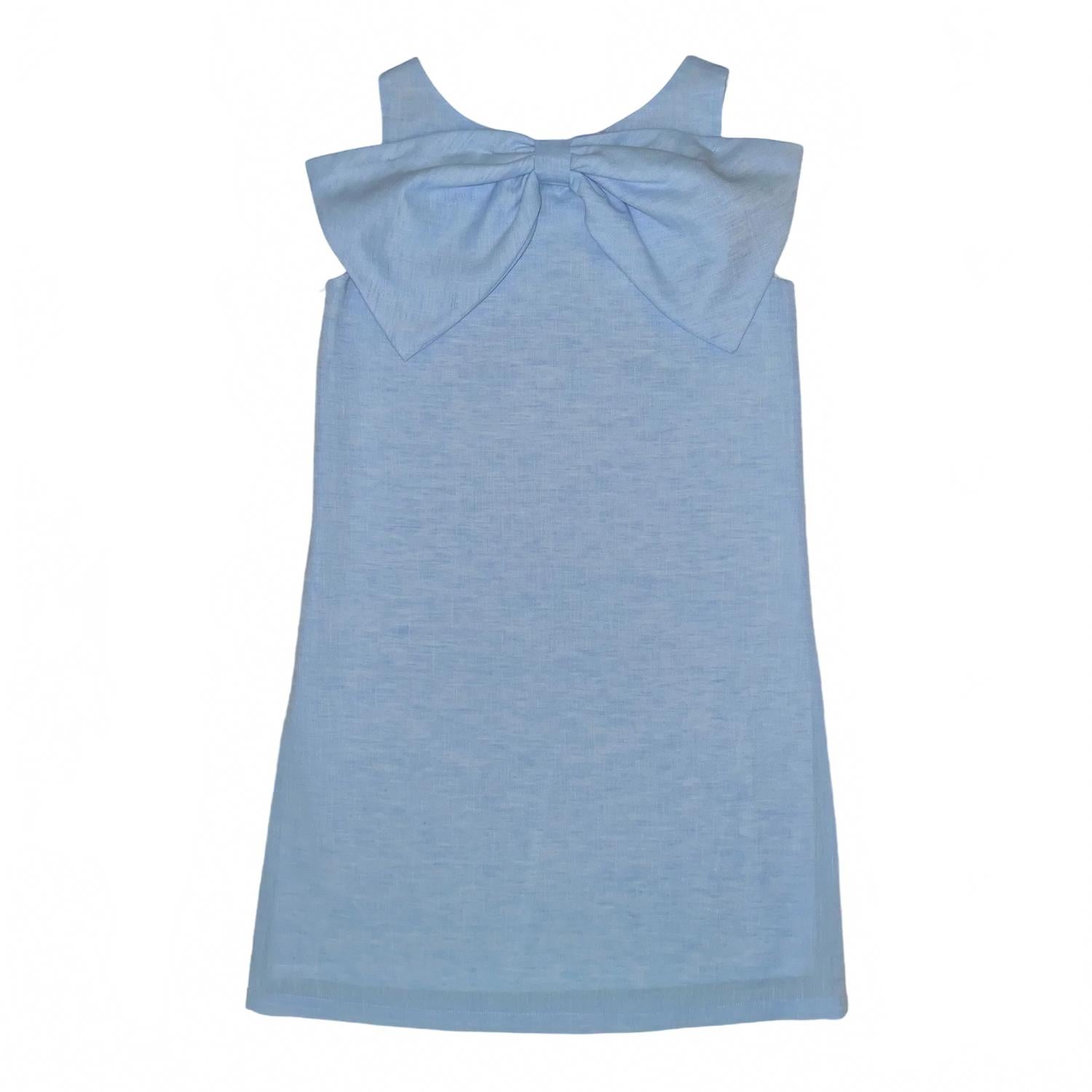 Girls Lolli Bow Back Dress In Bluffton Blue Linen