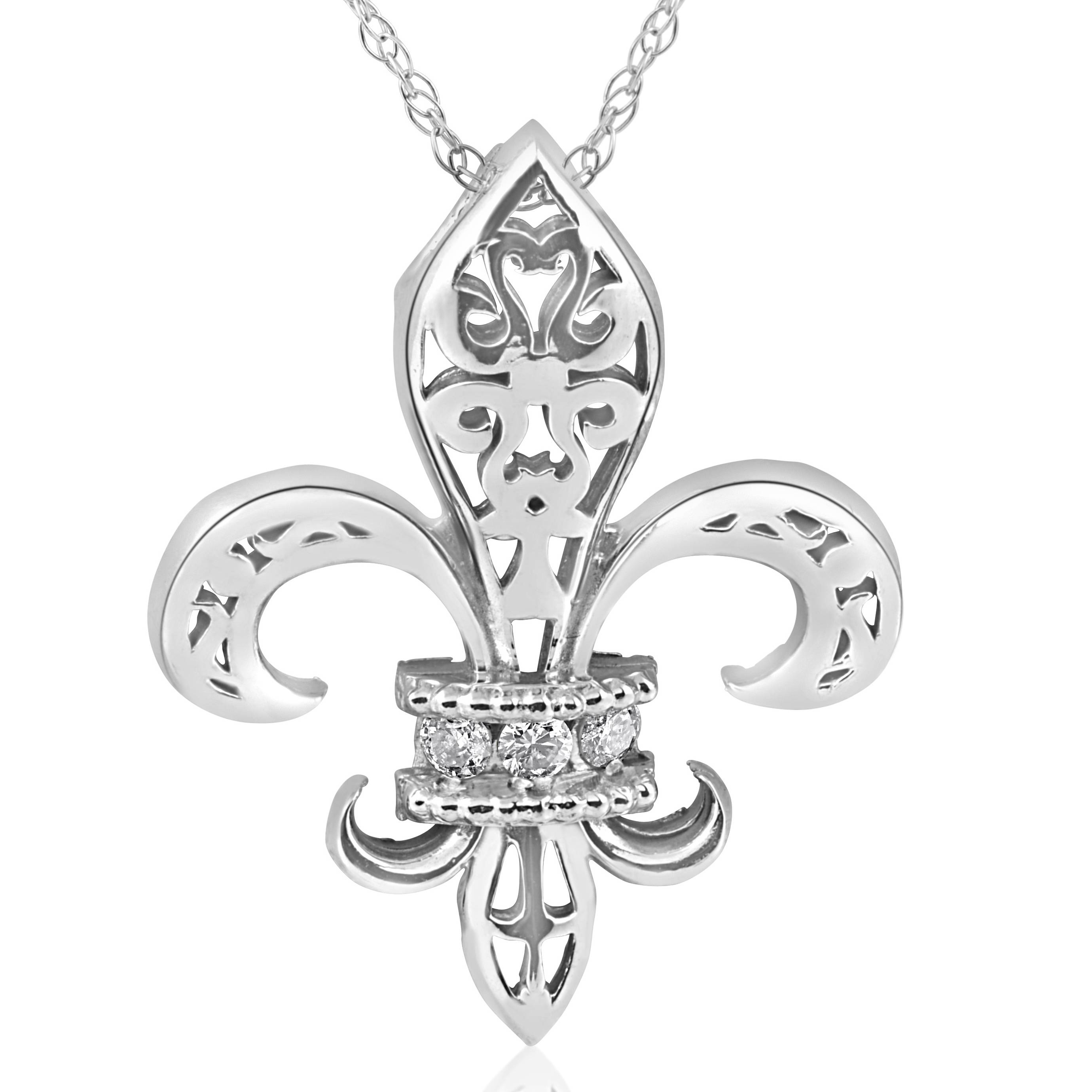 1/10ct Vintage Fleur De Lis Pendant 14K White Gold 1" Tall