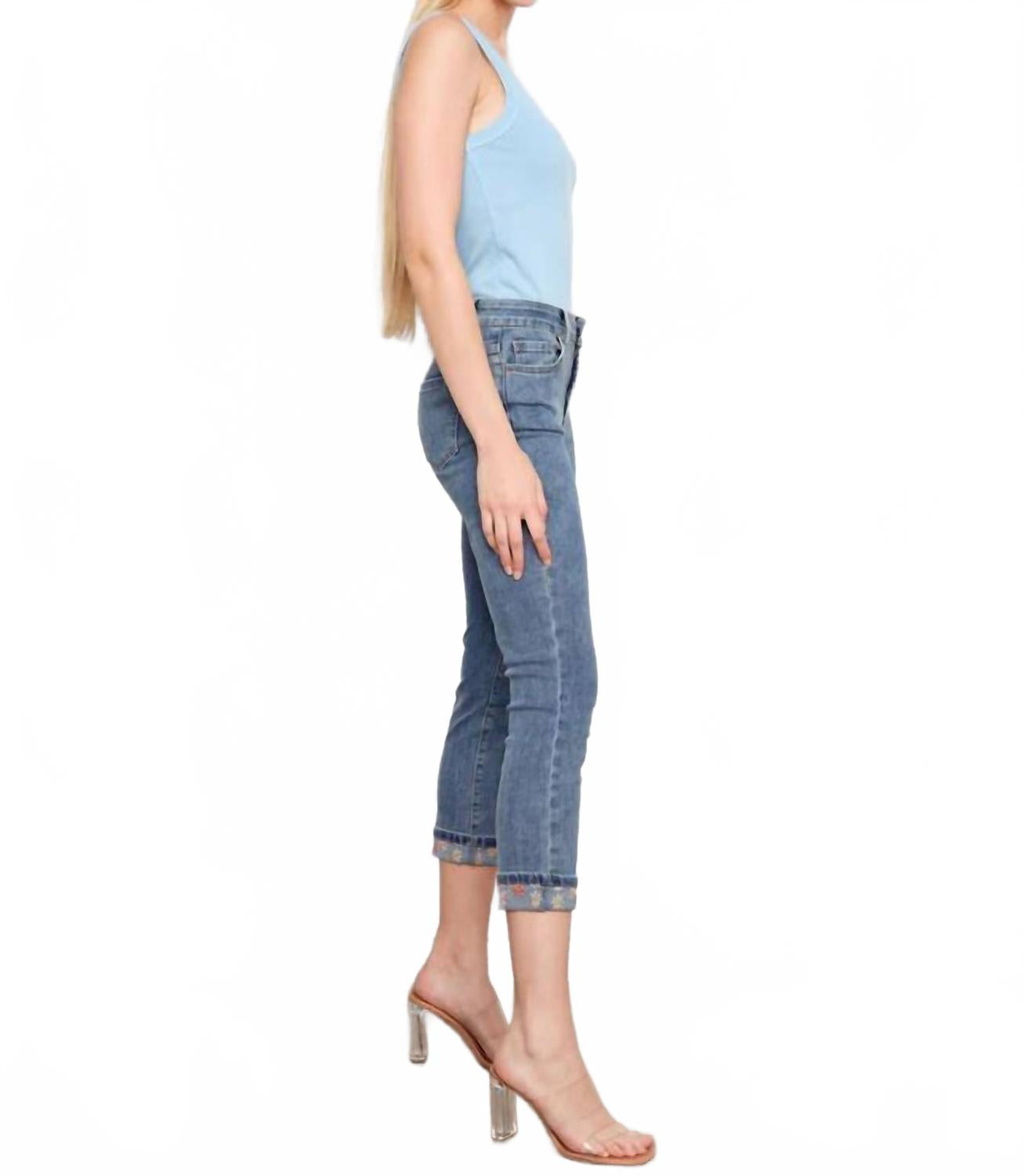 Slim Leg Jeans With Rolled Embrodered Cuff In Medium Blue