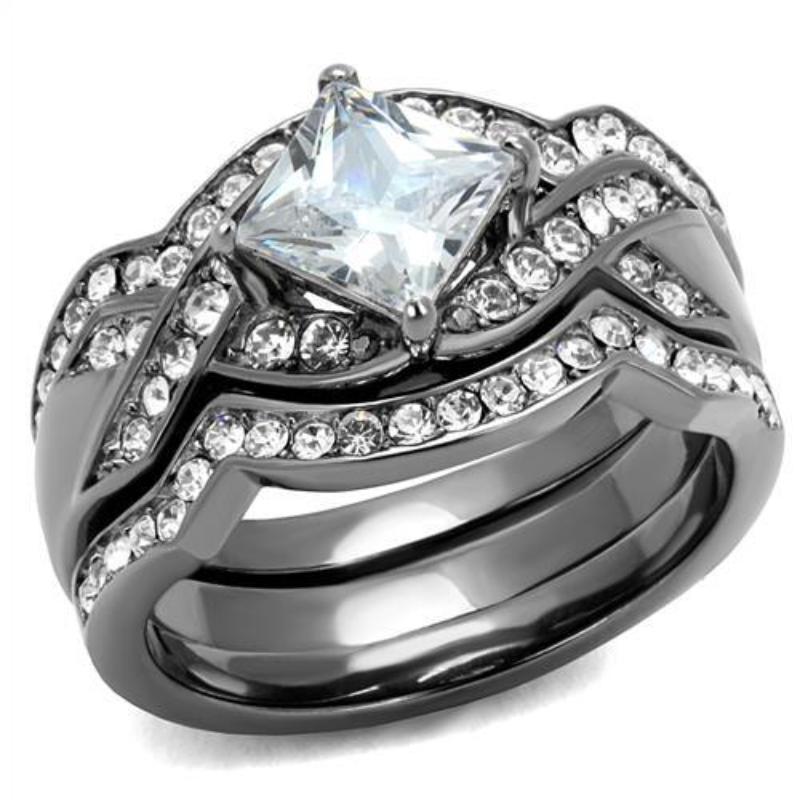 IP Light Black Stainless Steel Ring with AAA Grade CZ in Clear