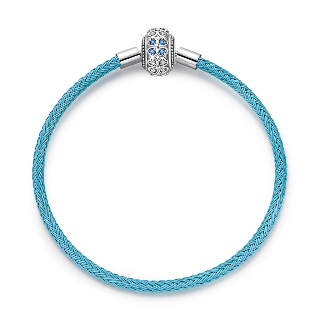 Blue Leather Bracelet with Clover Clasp