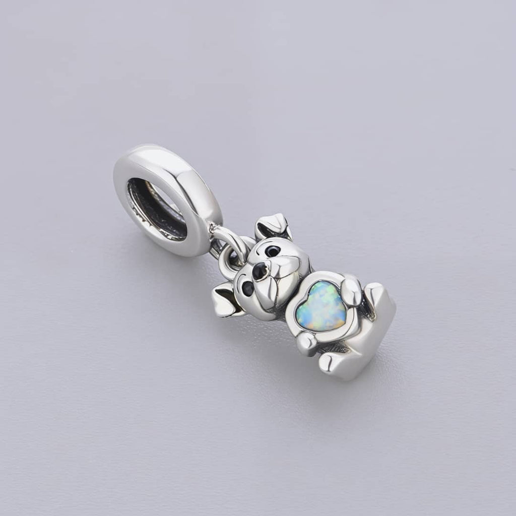 Bulldog Dog with Heart Stone Dangle Charm