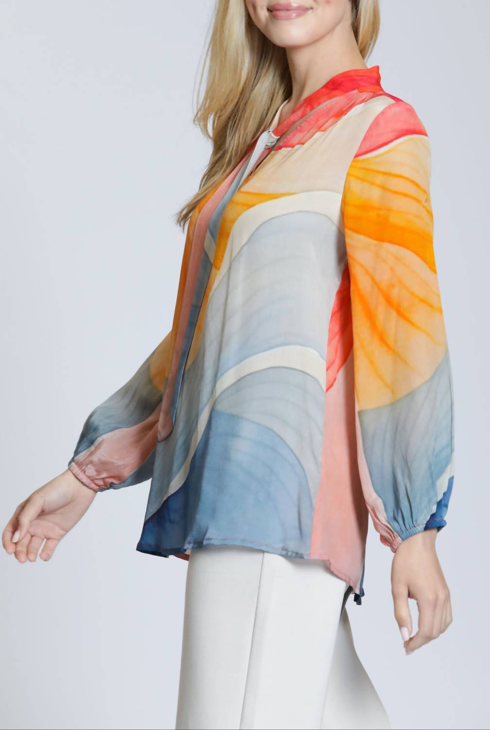 Long Sleeve Tie-Neck Blouse In Multicolor