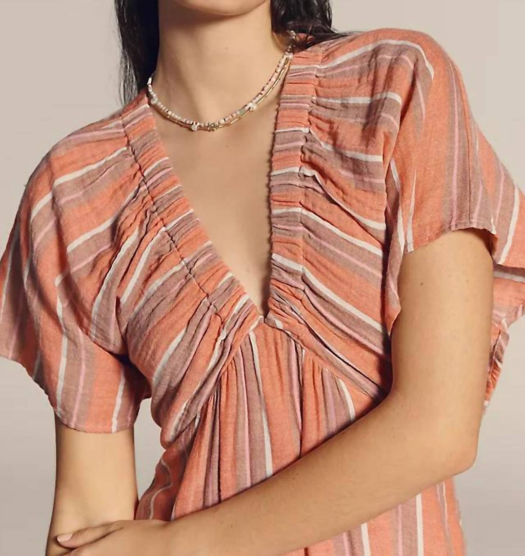 Gauze Stripe Midi Dress In Bright Coral