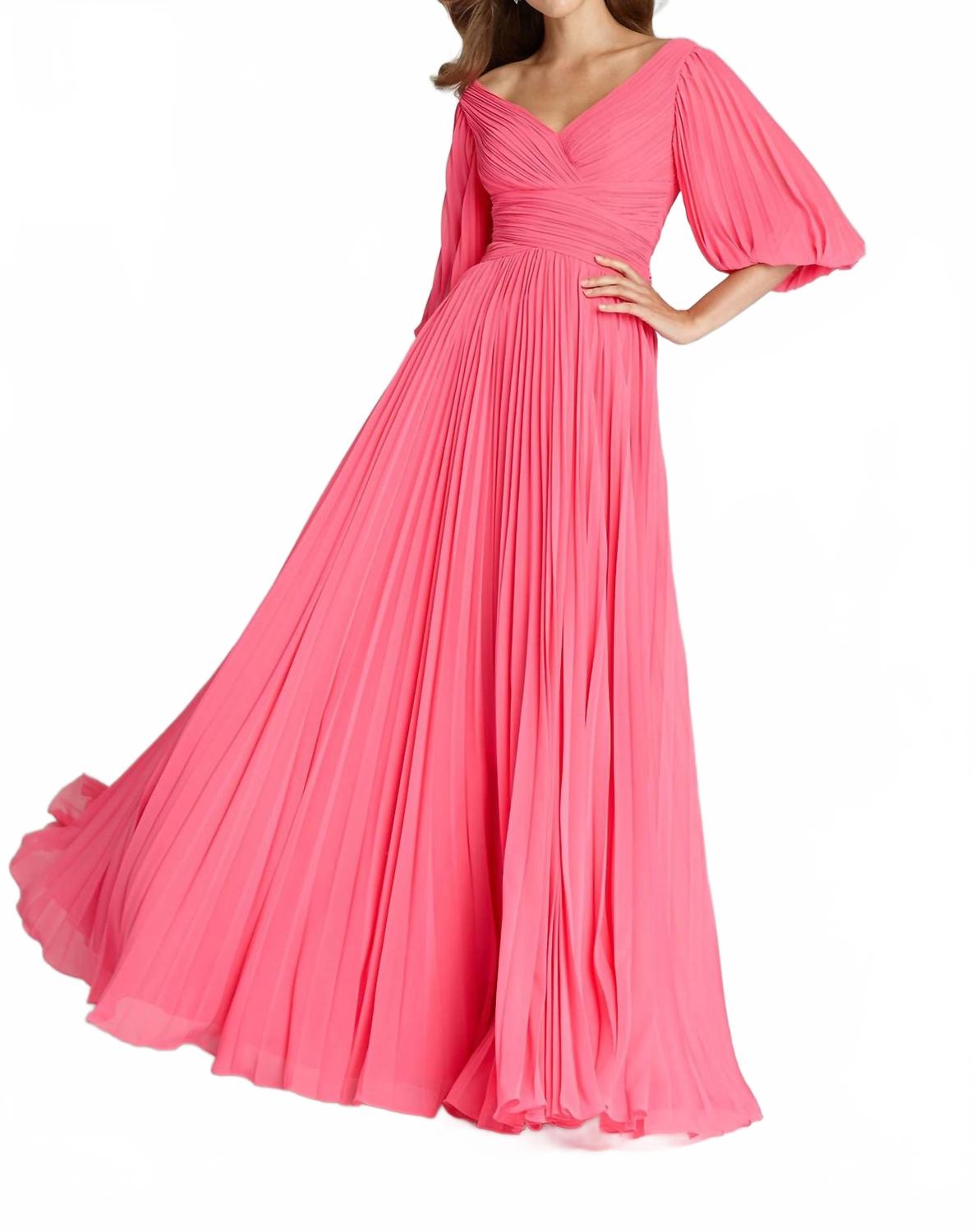 Chiffon Puff Sleeve Pleated Vneck Gown In Watermelon