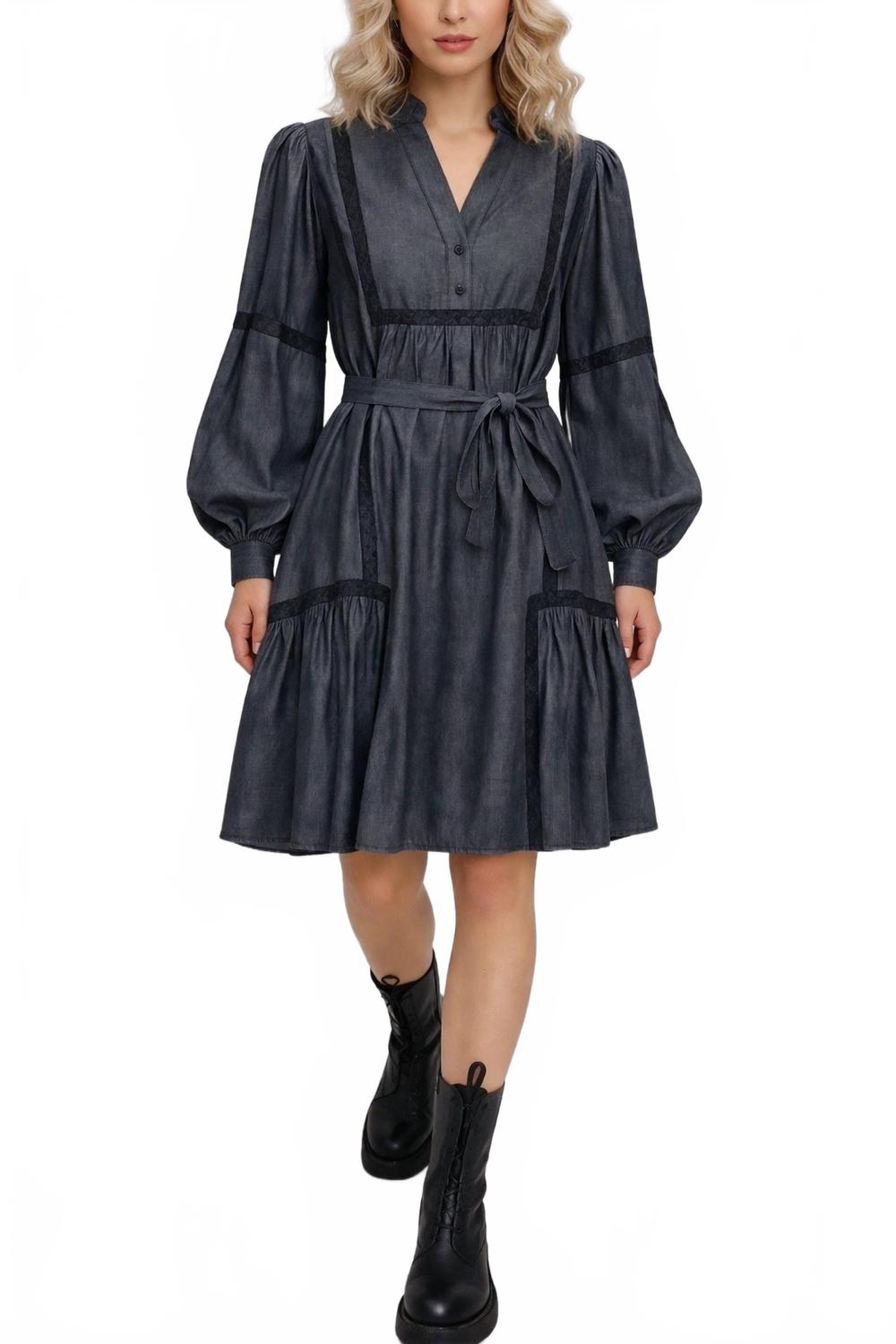 Denim Tencel Lace Trim Dress In Dark Grey